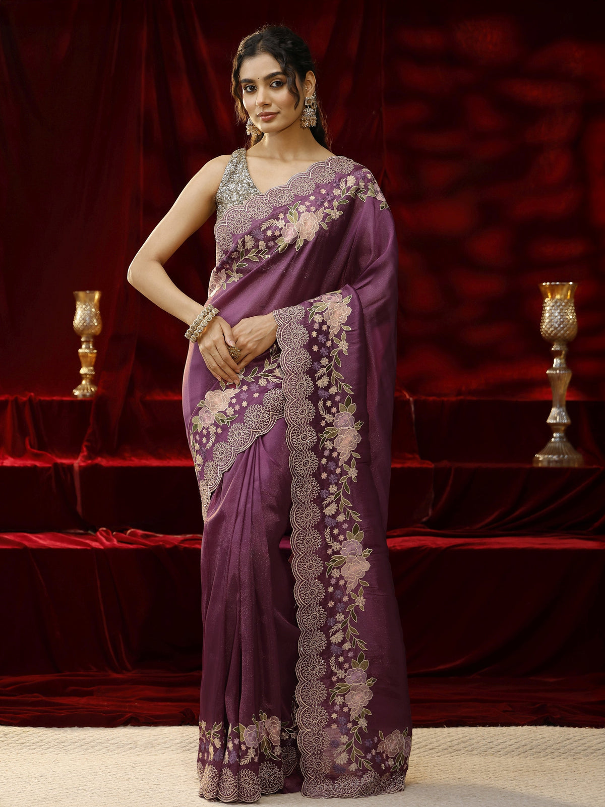 Anouk Mauve Solid Silk Blend Saree