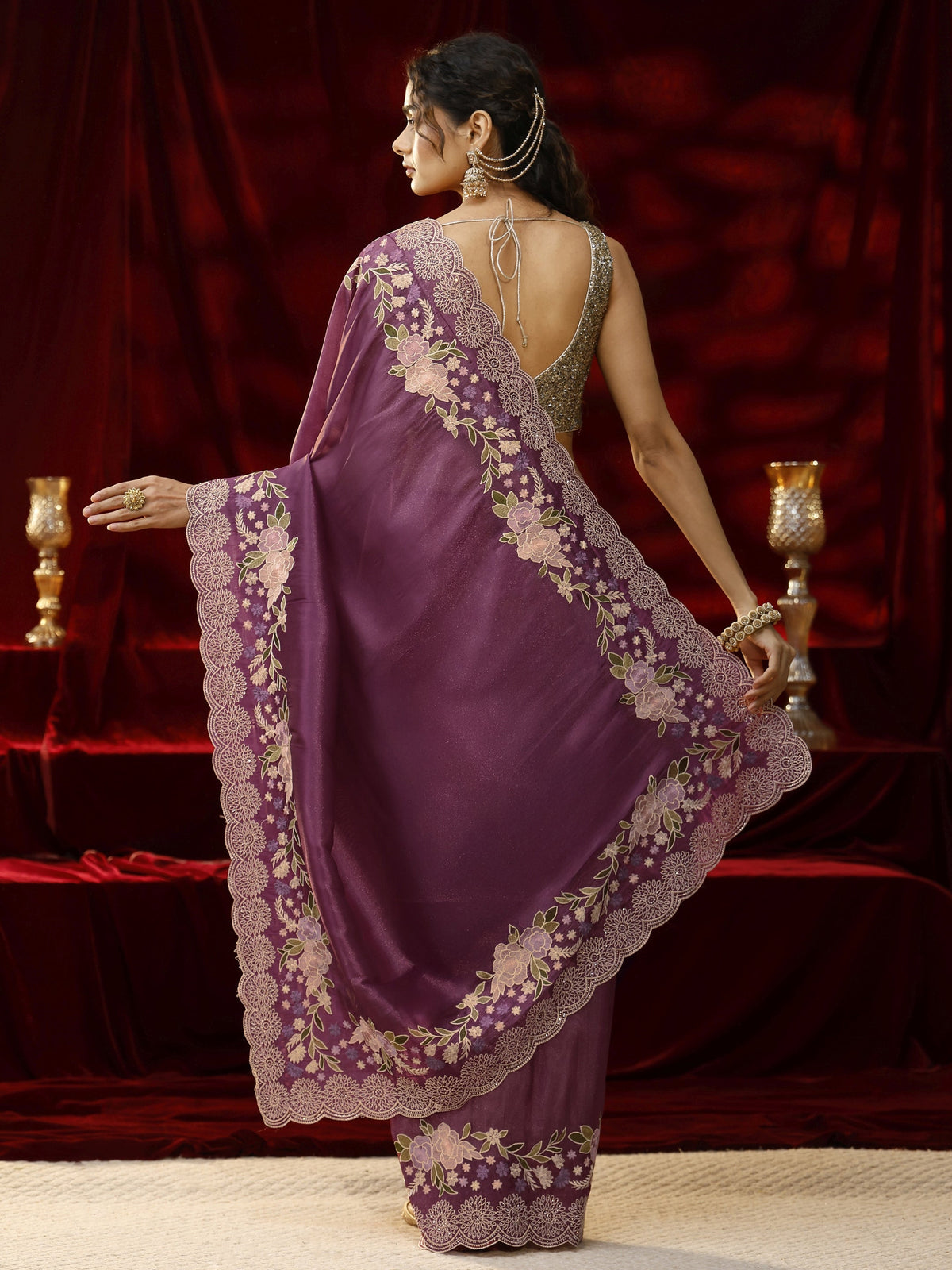 Anouk Mauve Solid Silk Blend Saree