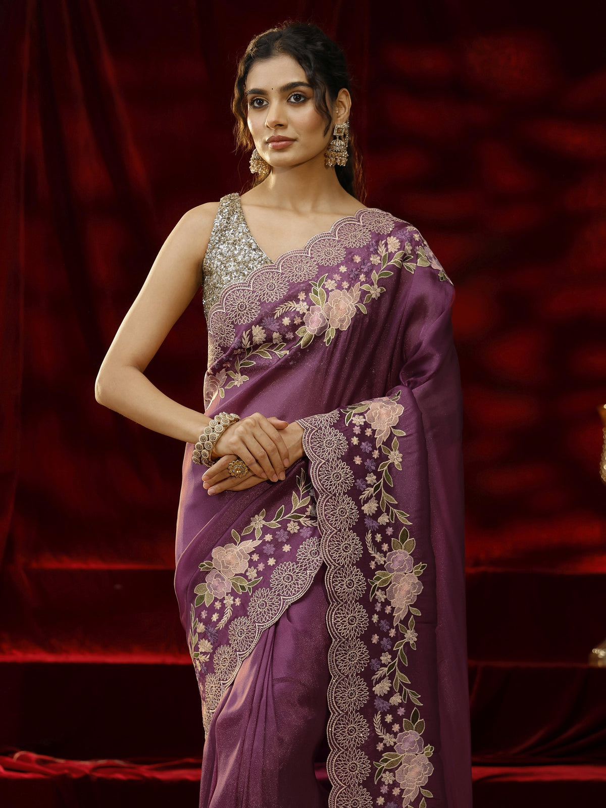 Anouk Mauve Solid Silk Blend Saree
