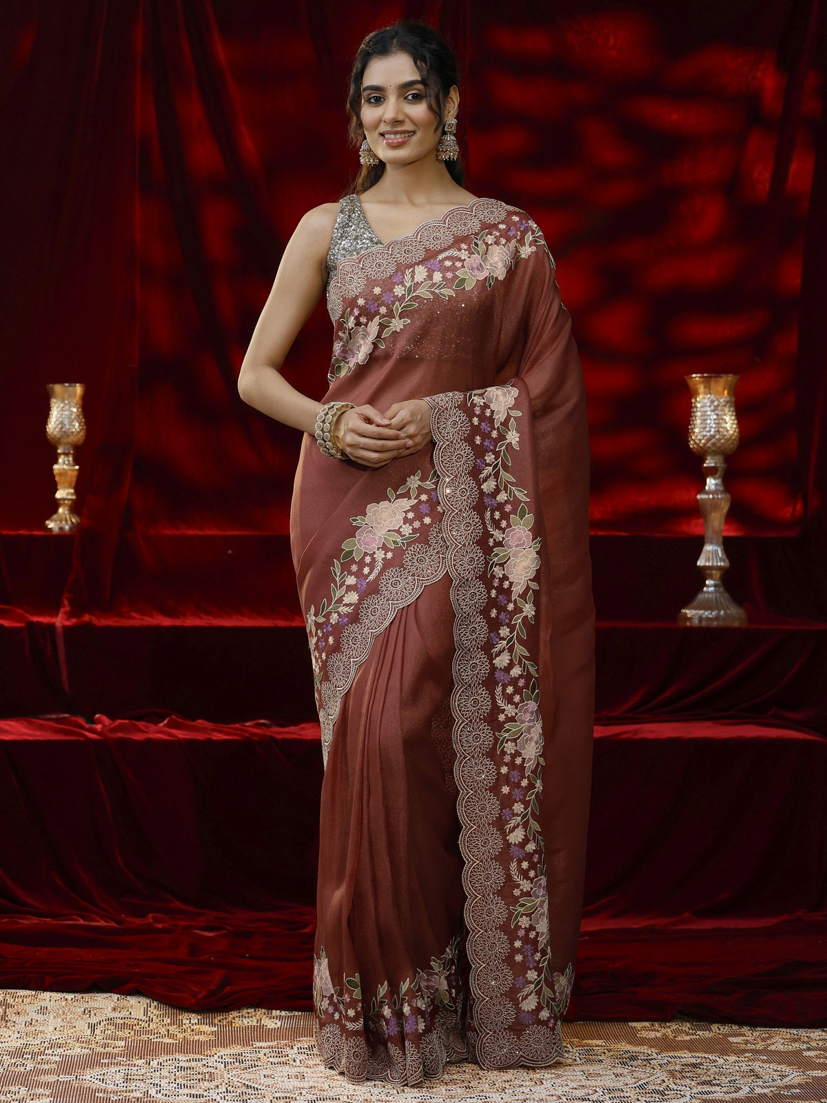 Anouk Copper Solid Silk Blend Saree