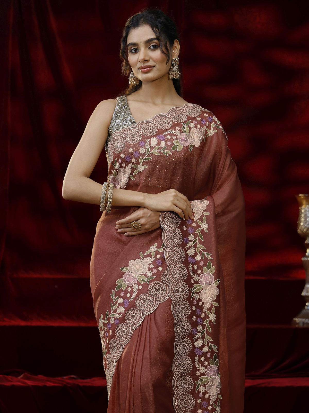 Anouk Copper Solid Silk Blend Saree