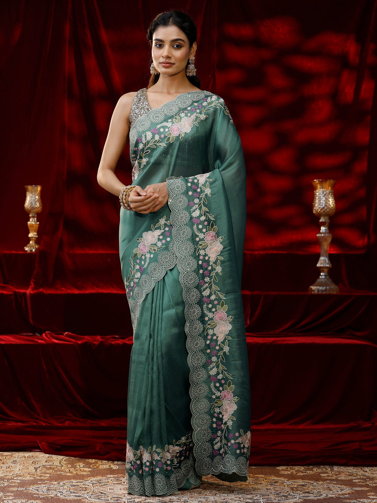 Anouk Green Solid Silk Blend Saree