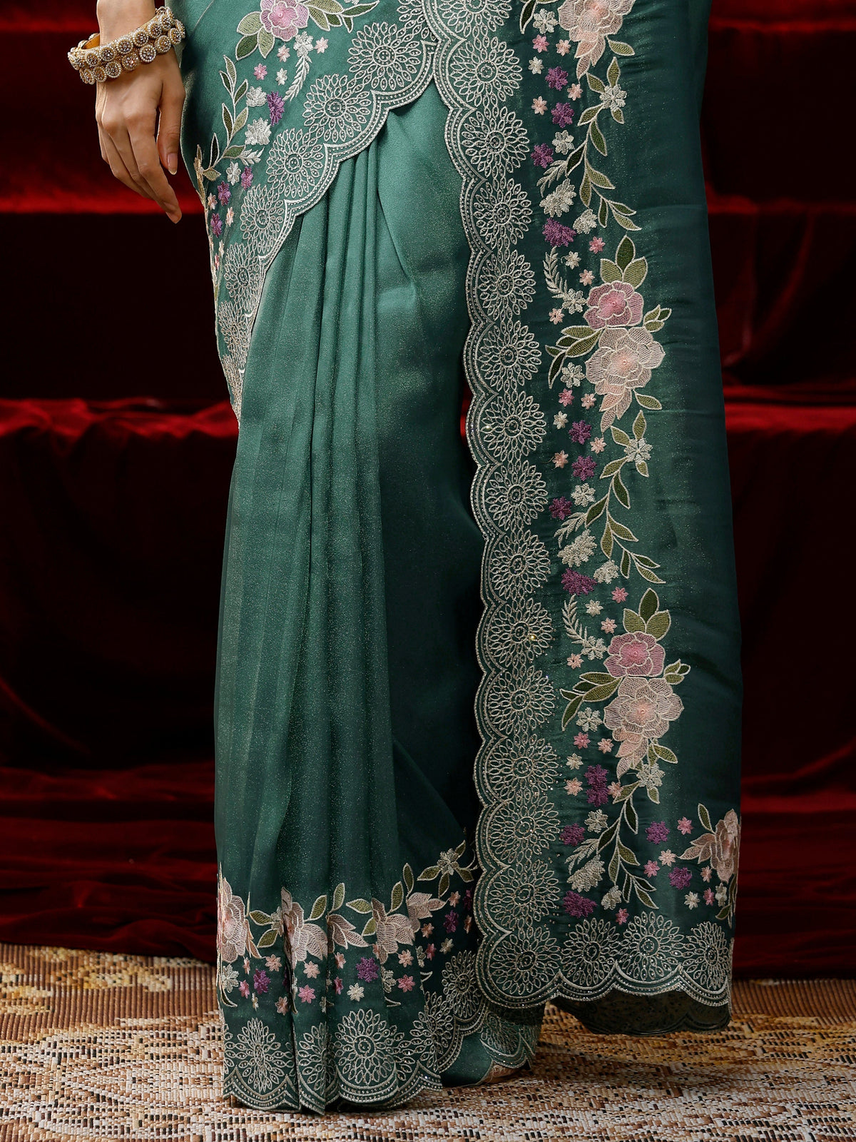 Anouk Green Solid Silk Blend Saree