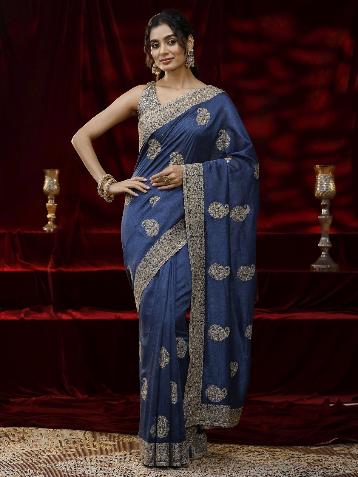 Anouk Blue Paisley Embroidered Silk blend Saree