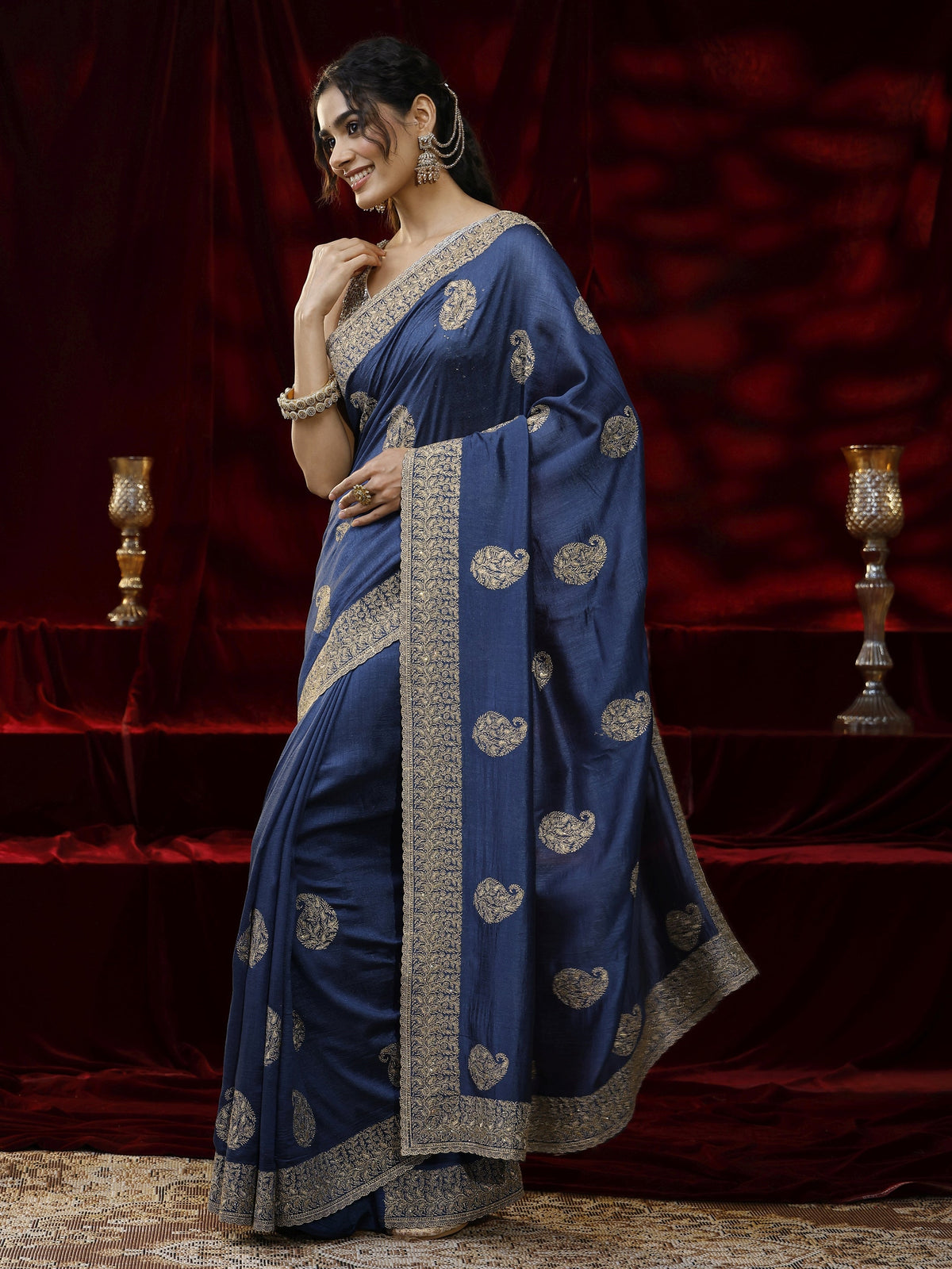 Anouk Blue Paisley Embroidered Silk blend Saree