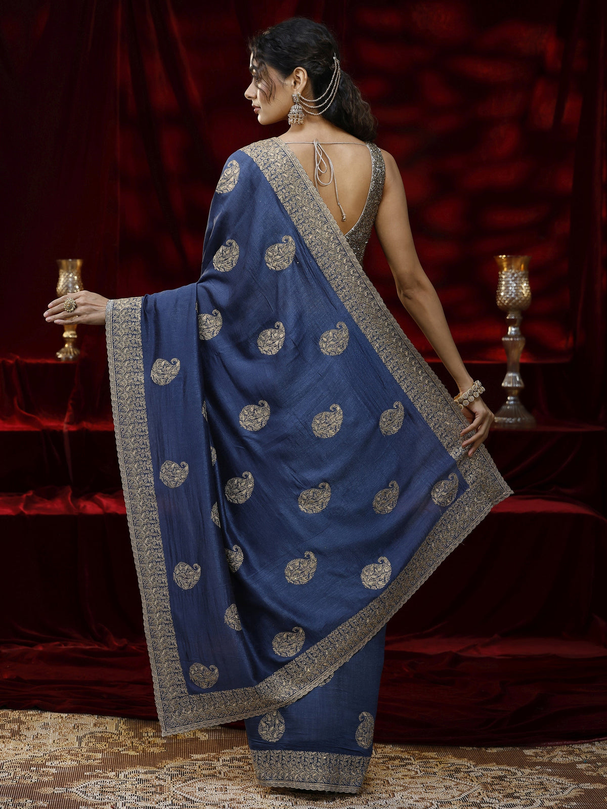 Anouk Blue Paisley Embroidered Silk blend Saree