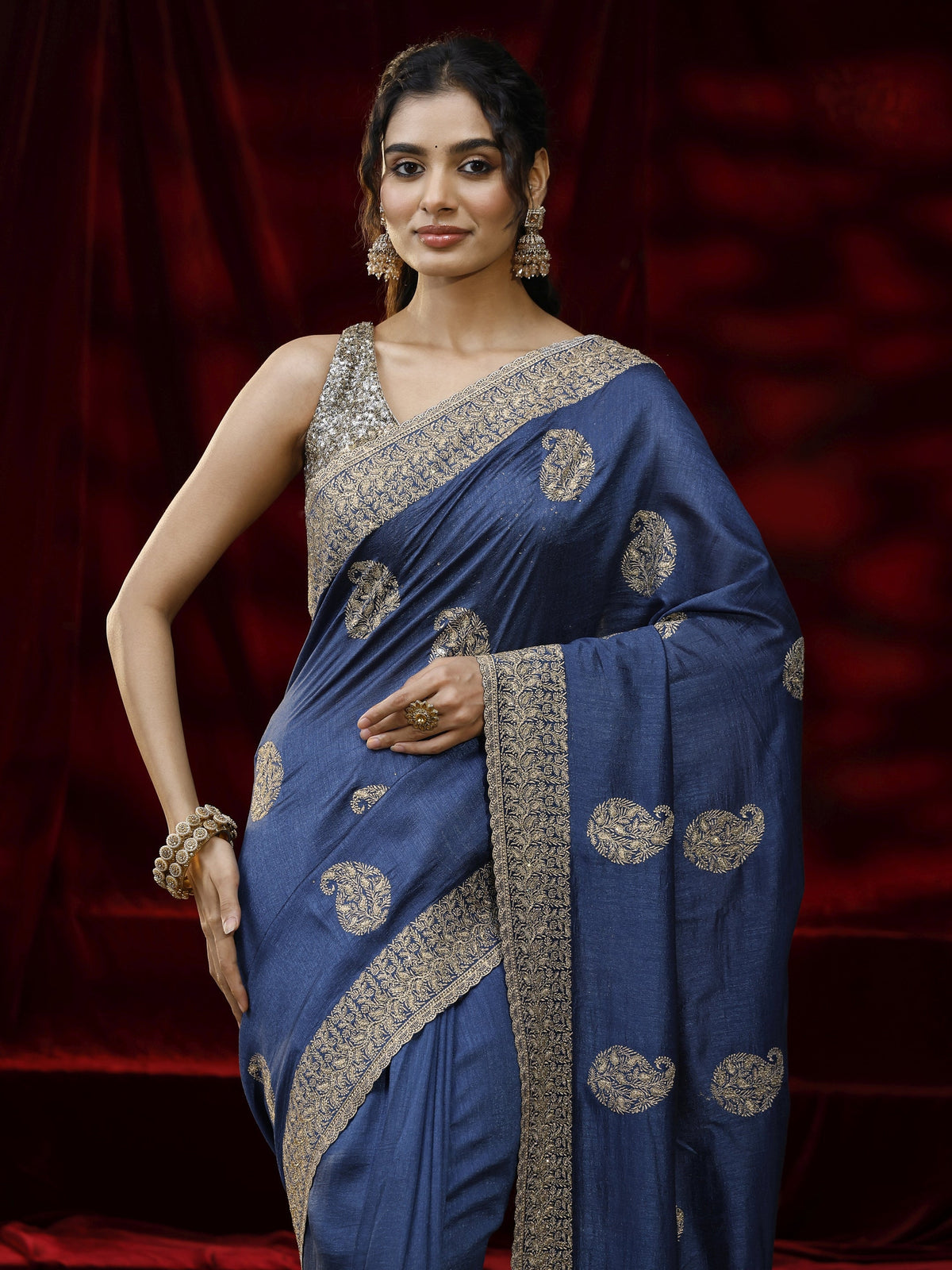 Anouk Blue Paisley Embroidered Silk blend Saree