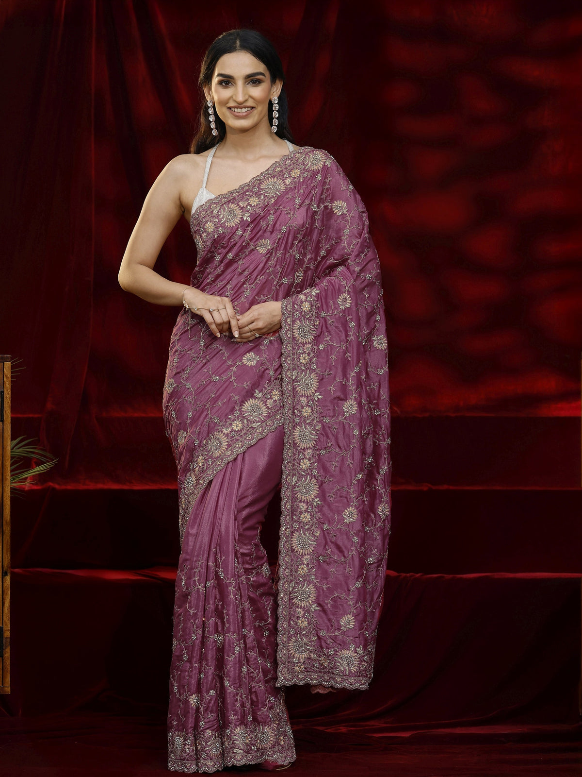 Anouk Art Mauve Floral Embroidered Satin Saree