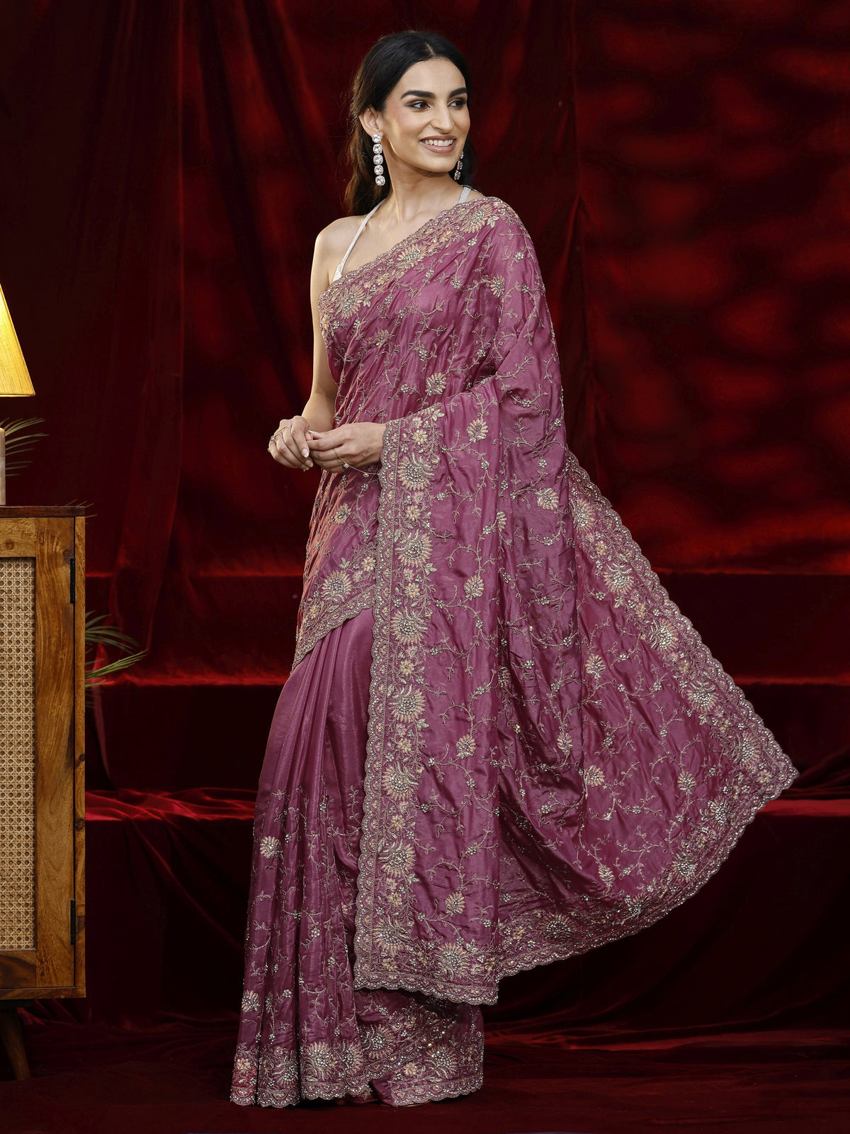 Anouk Art Mauve Floral Embroidered Satin Saree