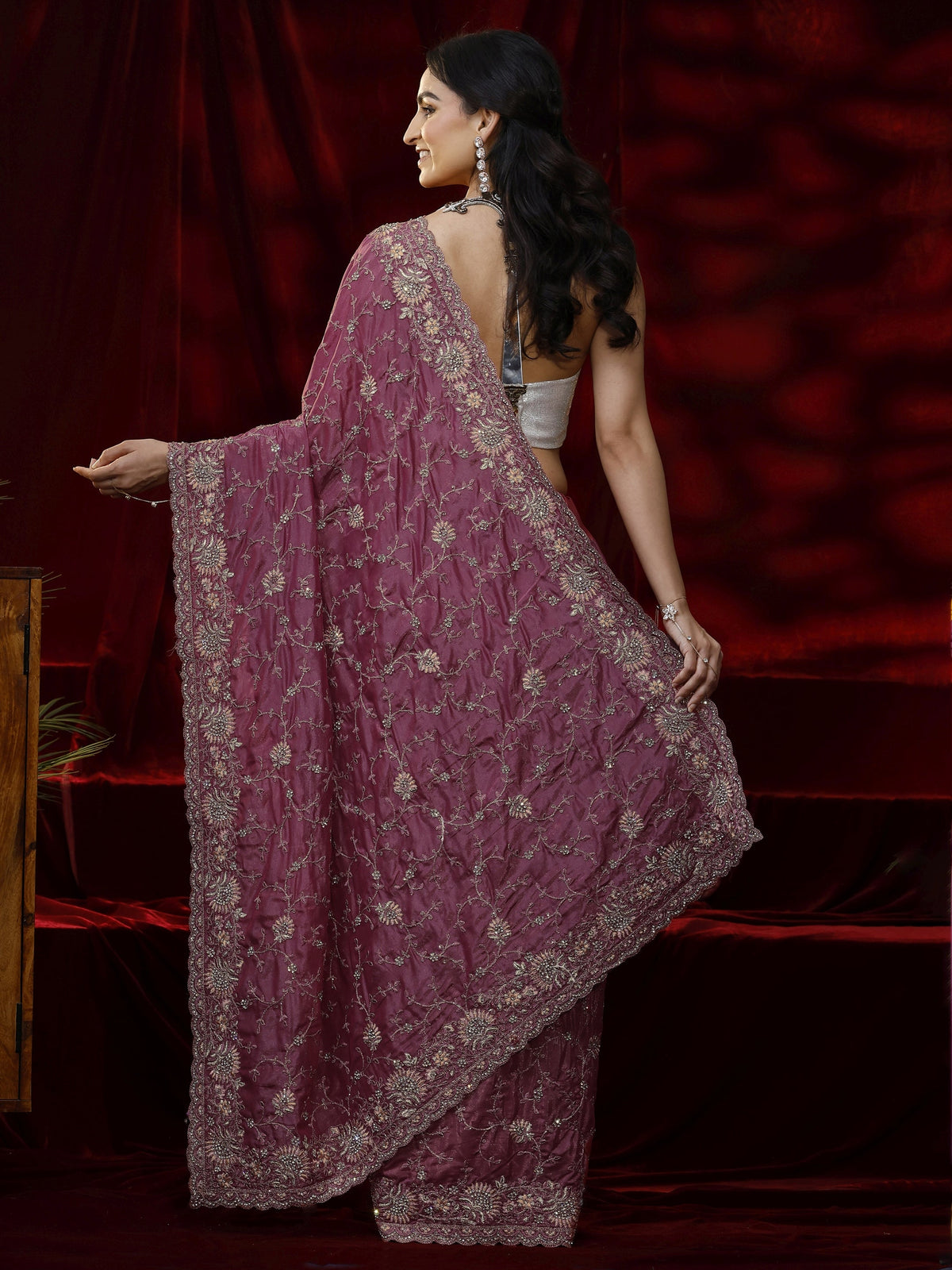 Anouk Art Mauve Floral Embroidered Satin Saree