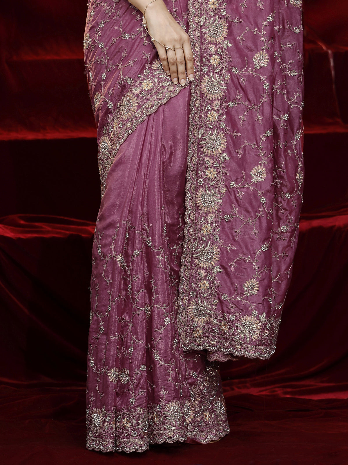 Anouk Art Mauve Floral Embroidered Satin Saree