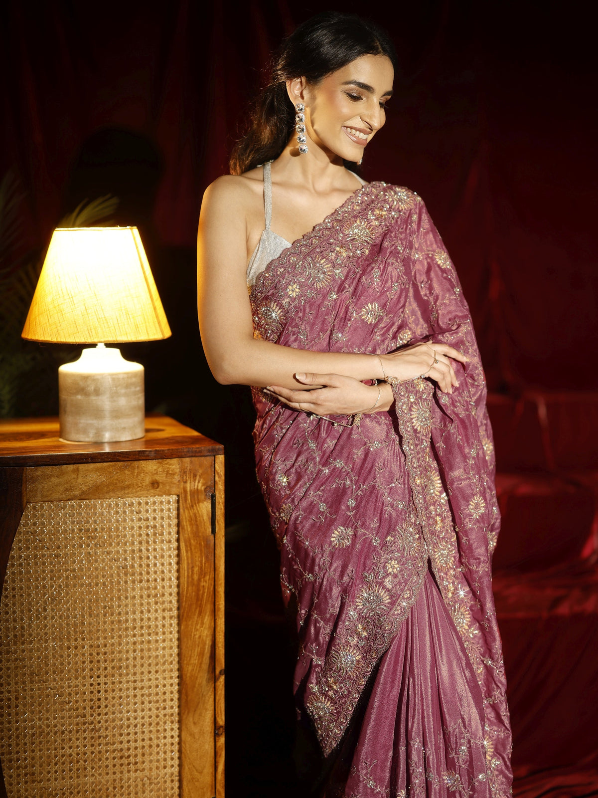 Anouk Art Mauve Floral Embroidered Satin Saree