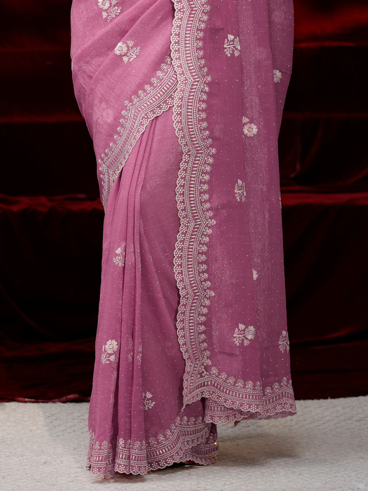 Anouk Pink Floral Embroidered Chiffon Saree