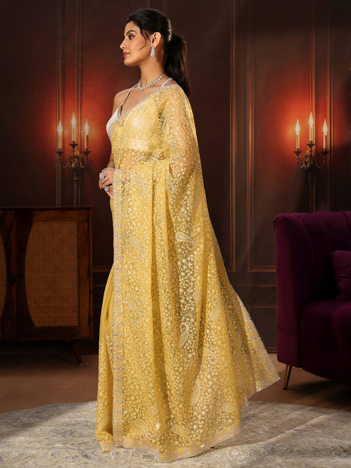 Anouk Art Sunshine Yellow Floral Embroidered Chiffon Saree