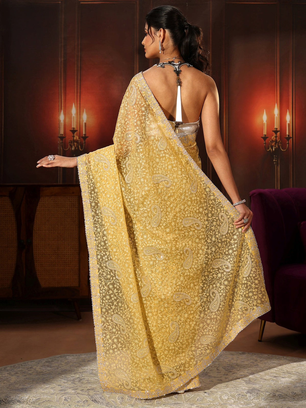 Anouk Art Sunshine Yellow Floral Embroidered Chiffon Saree