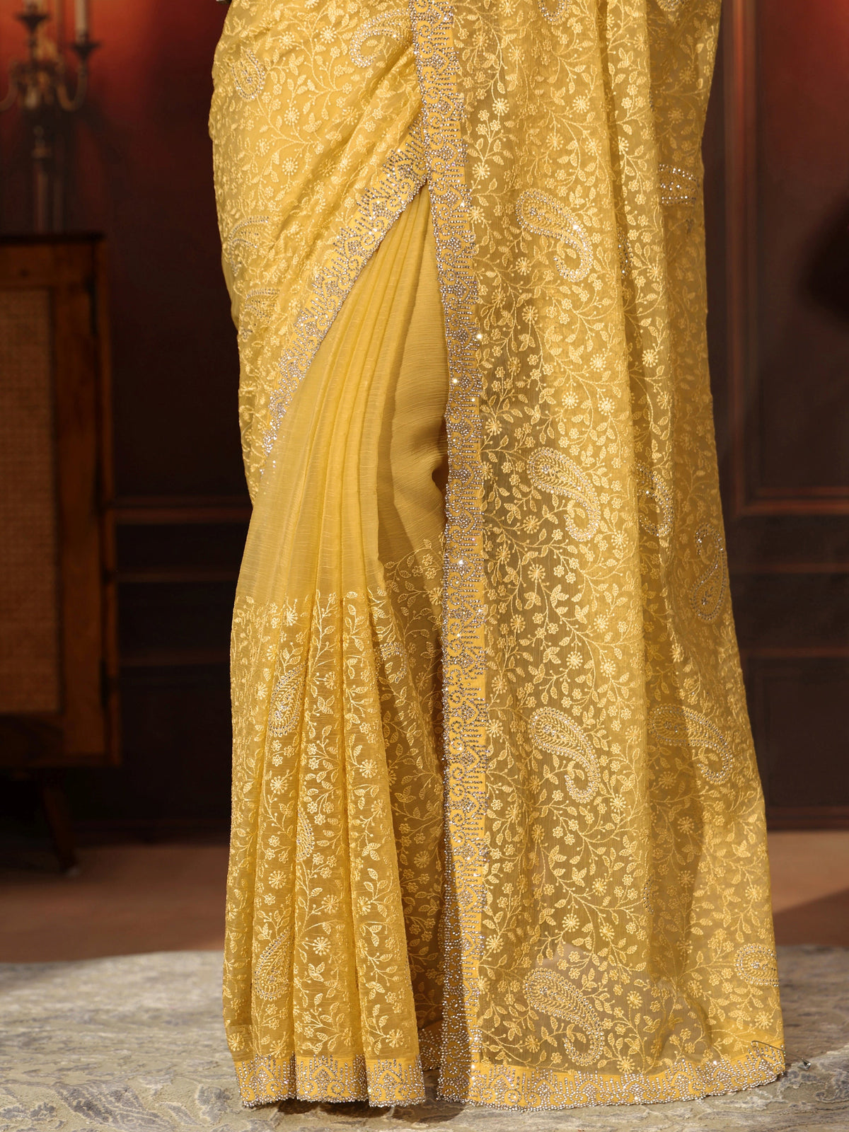 Anouk Art Sunshine Yellow Floral Embroidered Chiffon Saree