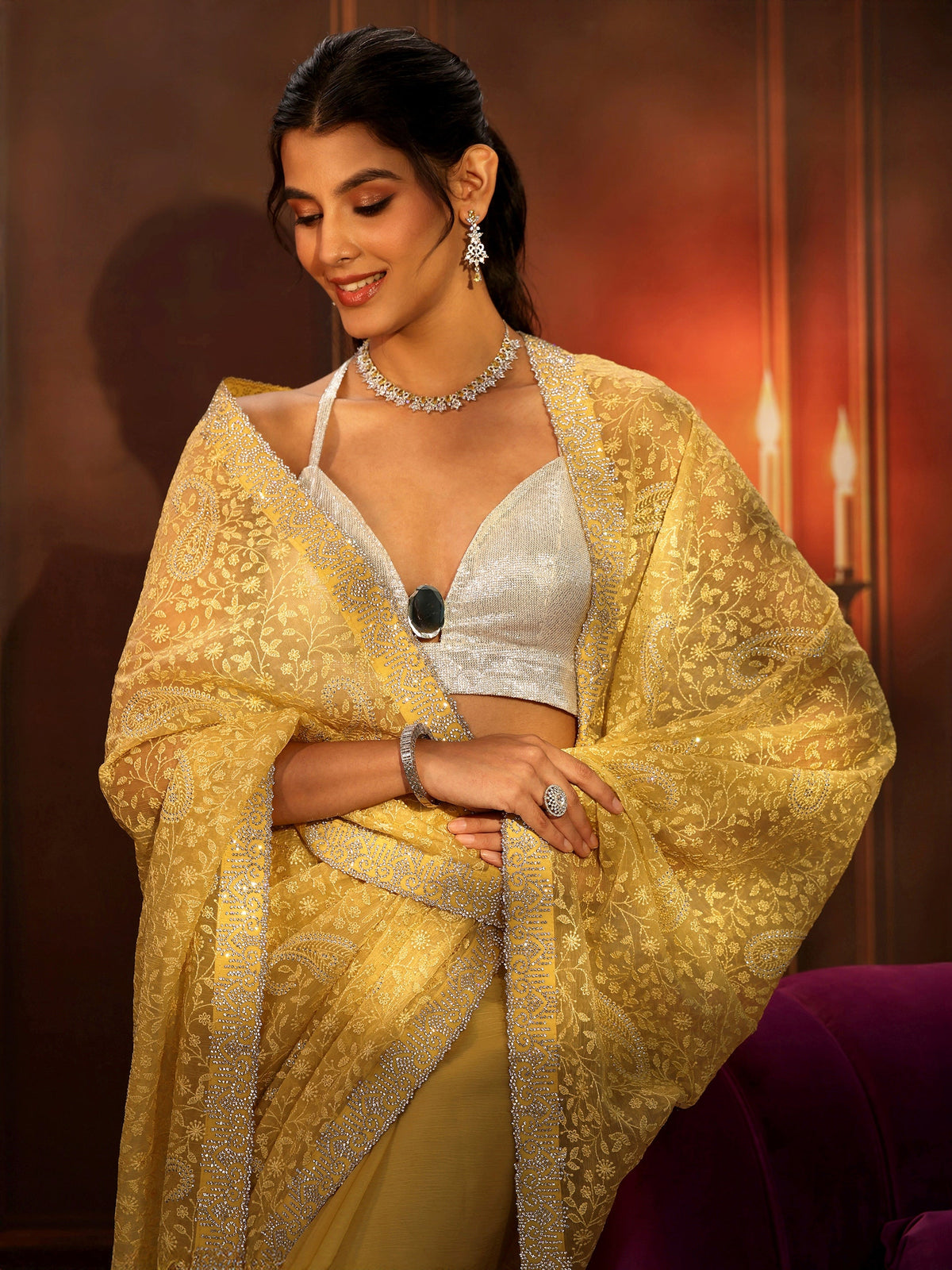 Anouk Art Sunshine Yellow Floral Embroidered Chiffon Saree