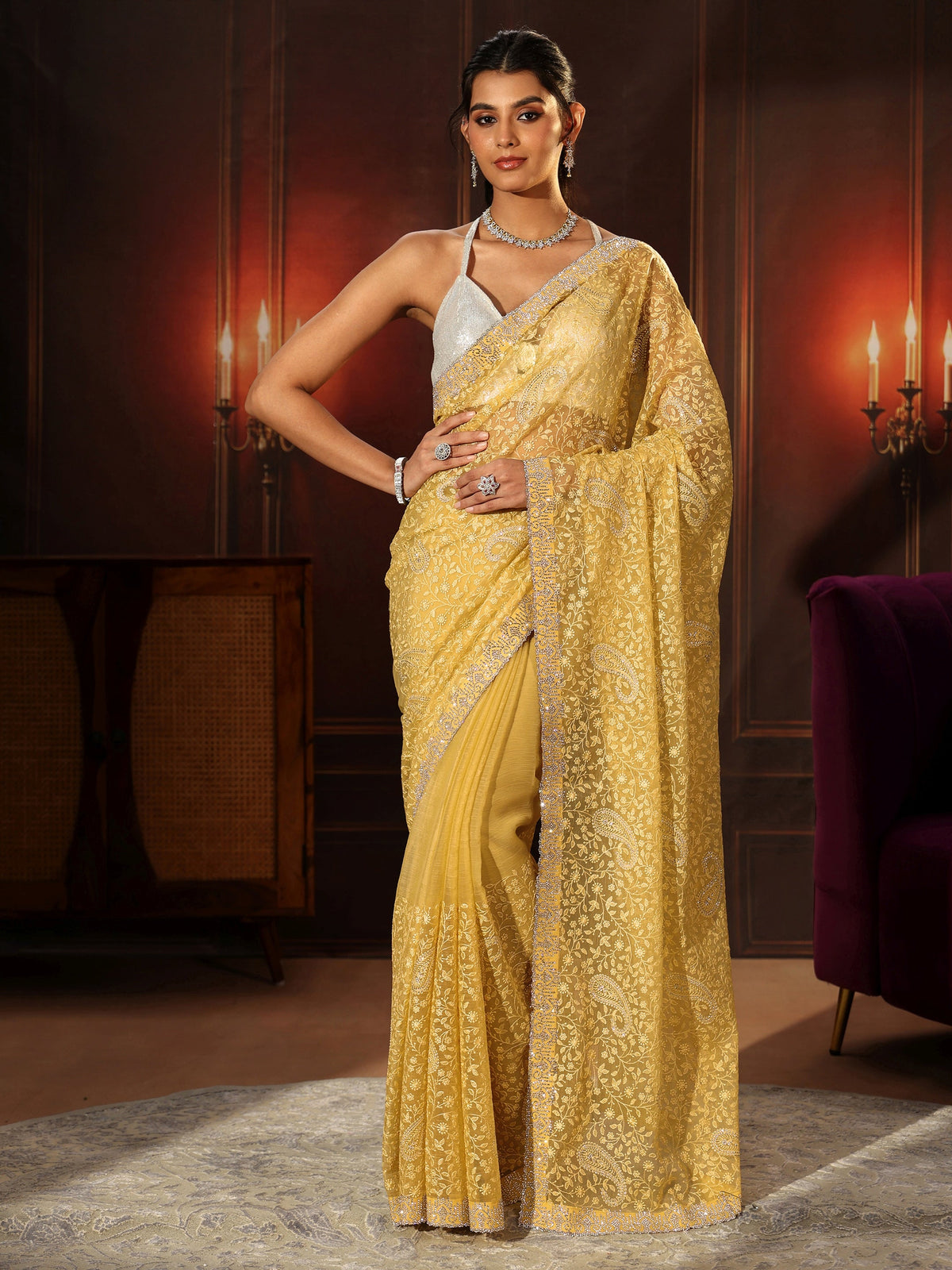 Anouk Art Sunshine Yellow Floral Embroidered Chiffon Saree
