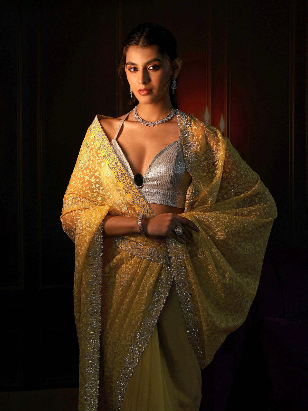 Anouk Art Sunshine Yellow Floral Embroidered Chiffon Saree