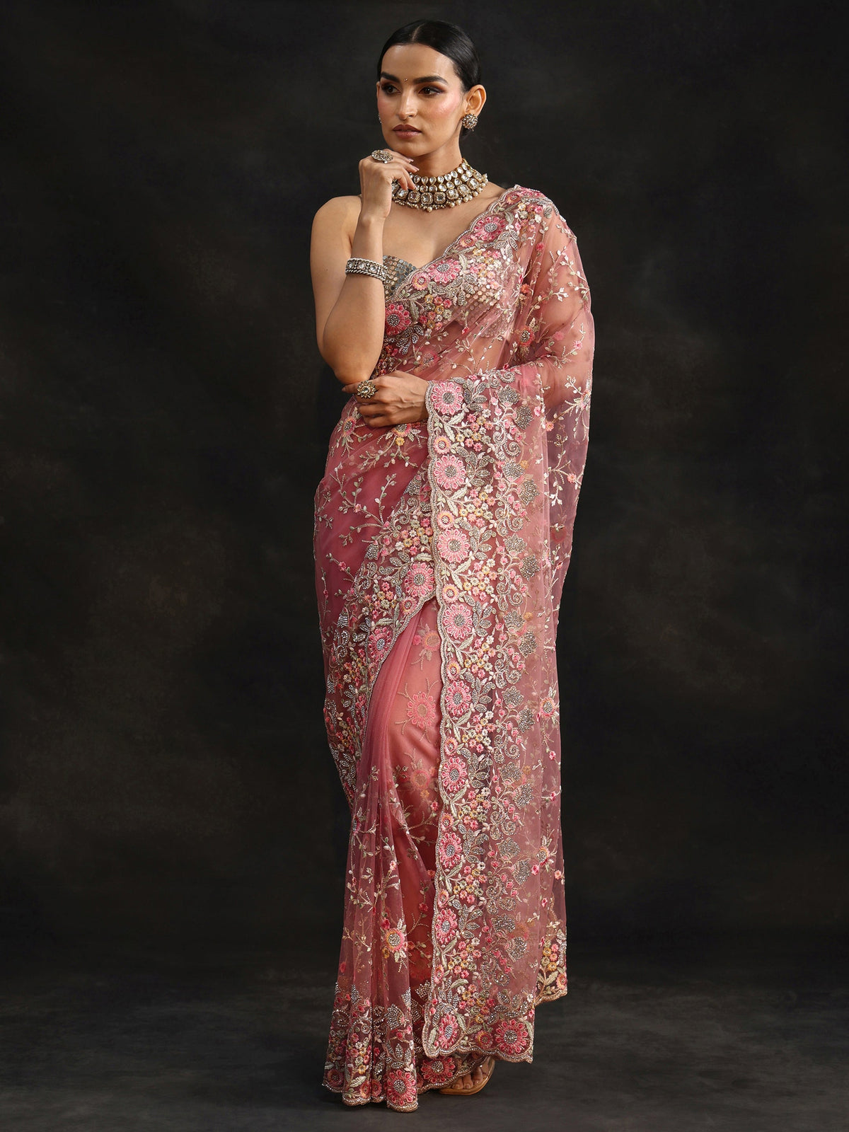 Anouk Art Peach Pink Floral Embellished Net Saree