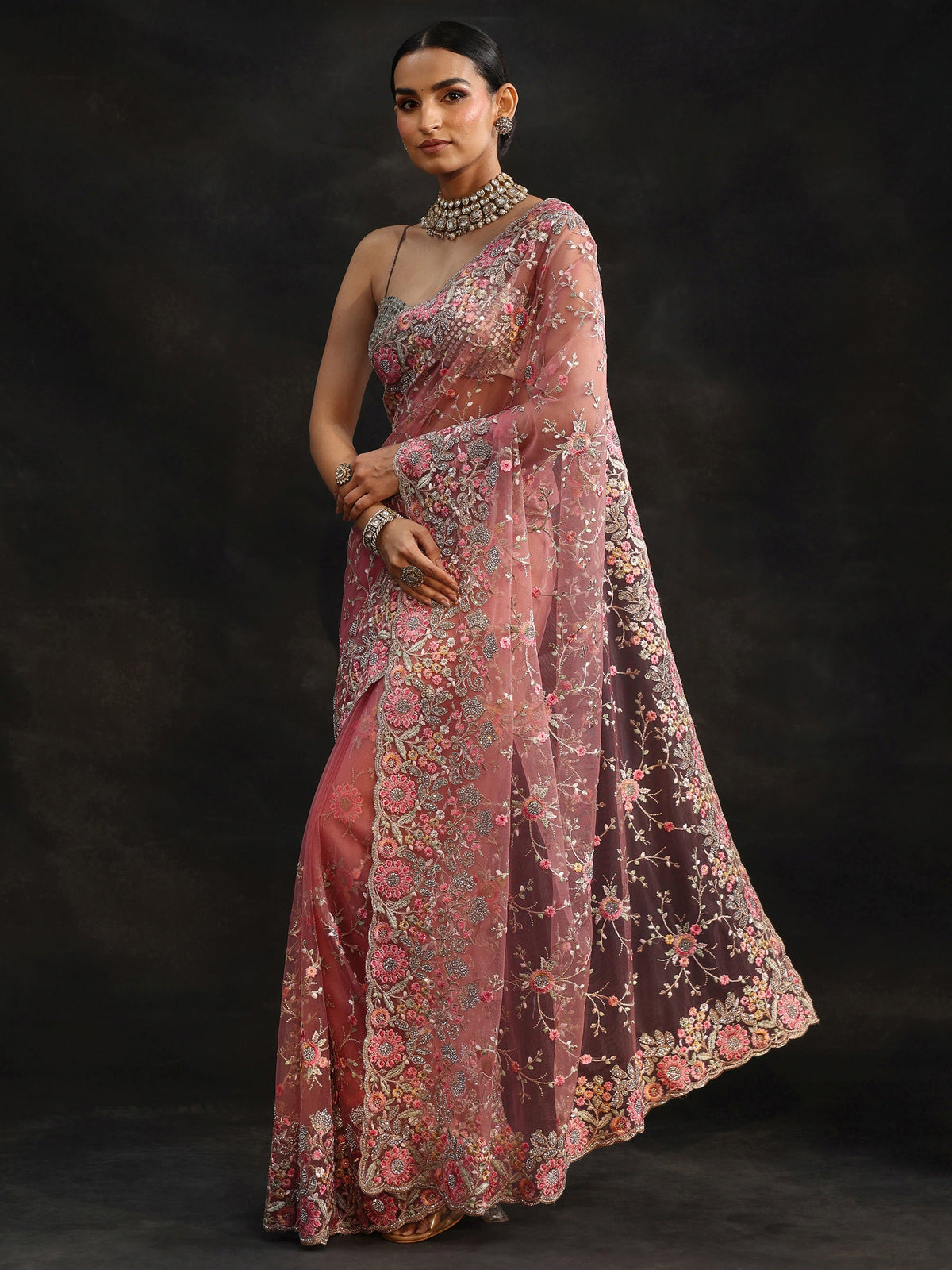 Anouk Art Peach Pink Floral Embellished Net Saree