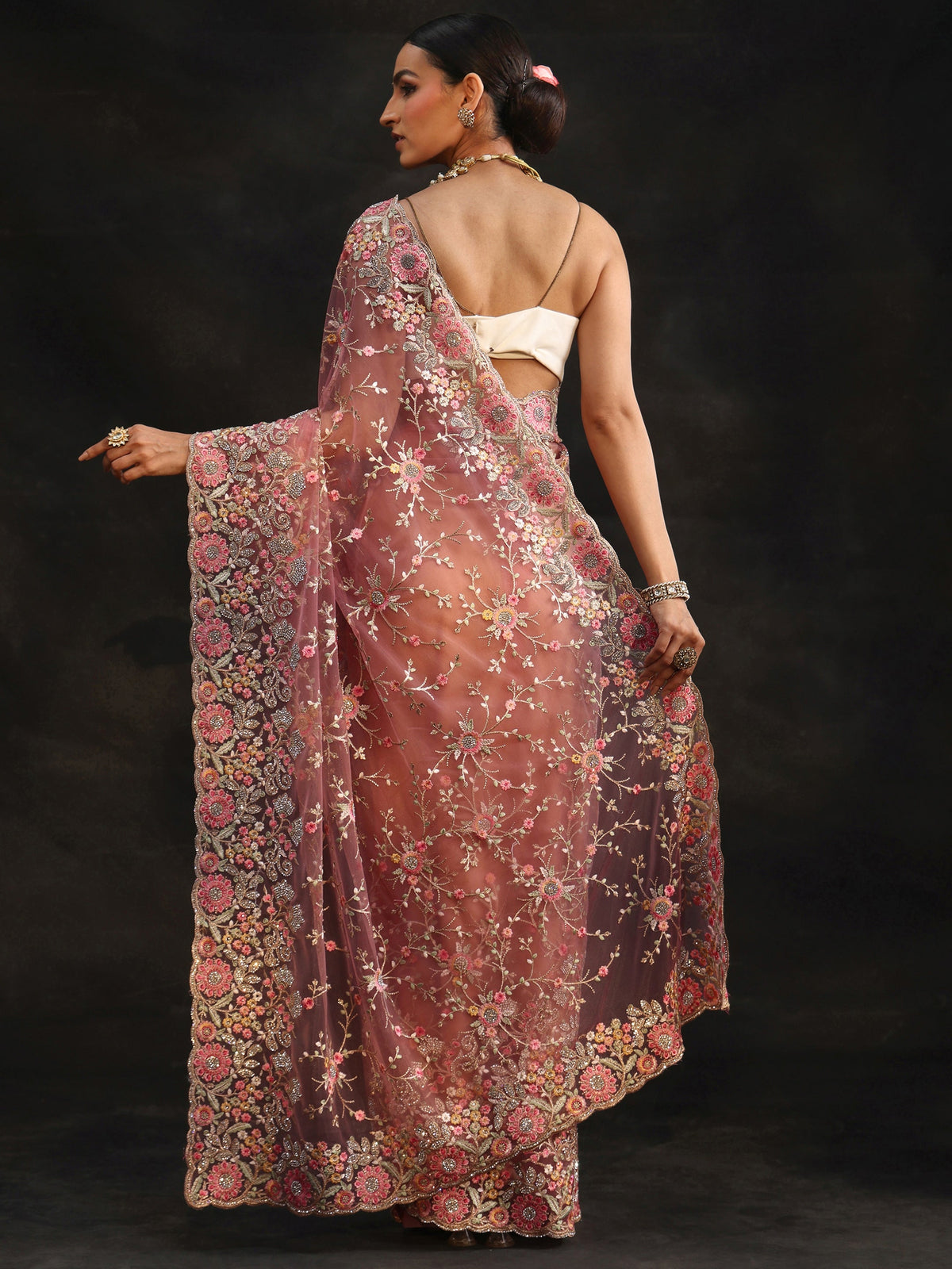 Anouk Art Peach Pink Floral Embellished Net Saree