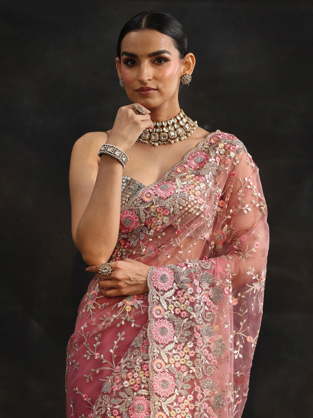 Anouk Art Peach Pink Floral Embellished Net Saree