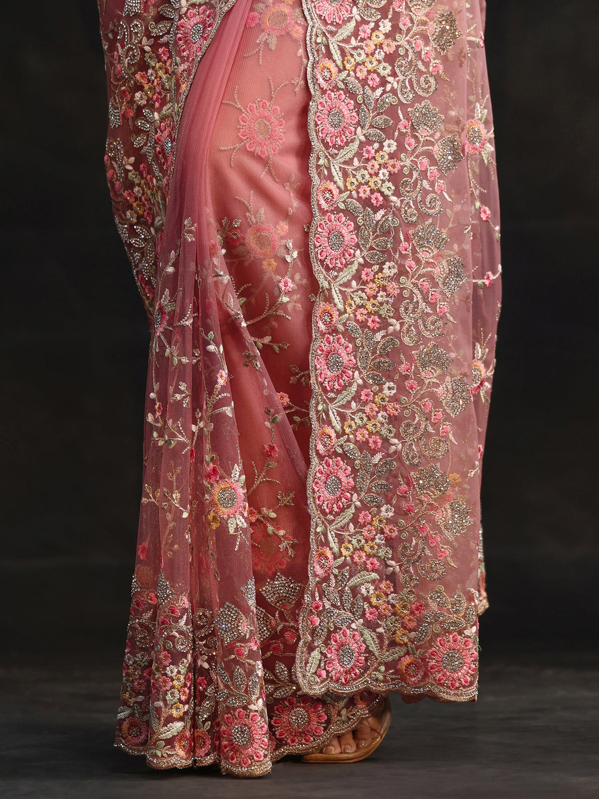 Anouk Art Peach Pink Floral Embellished Net Saree