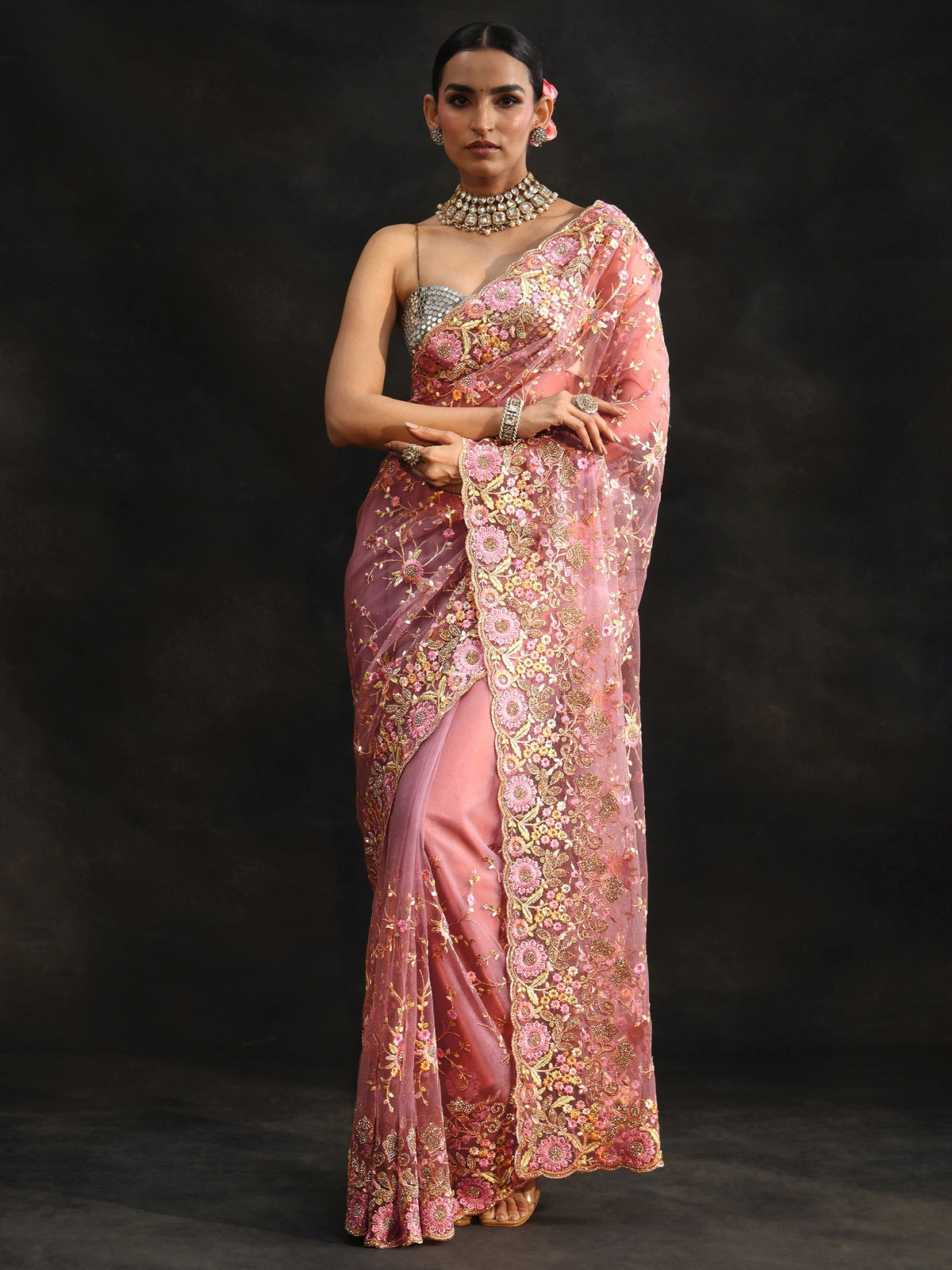 Anouk Art Mauve Floral Embellished Net Saree