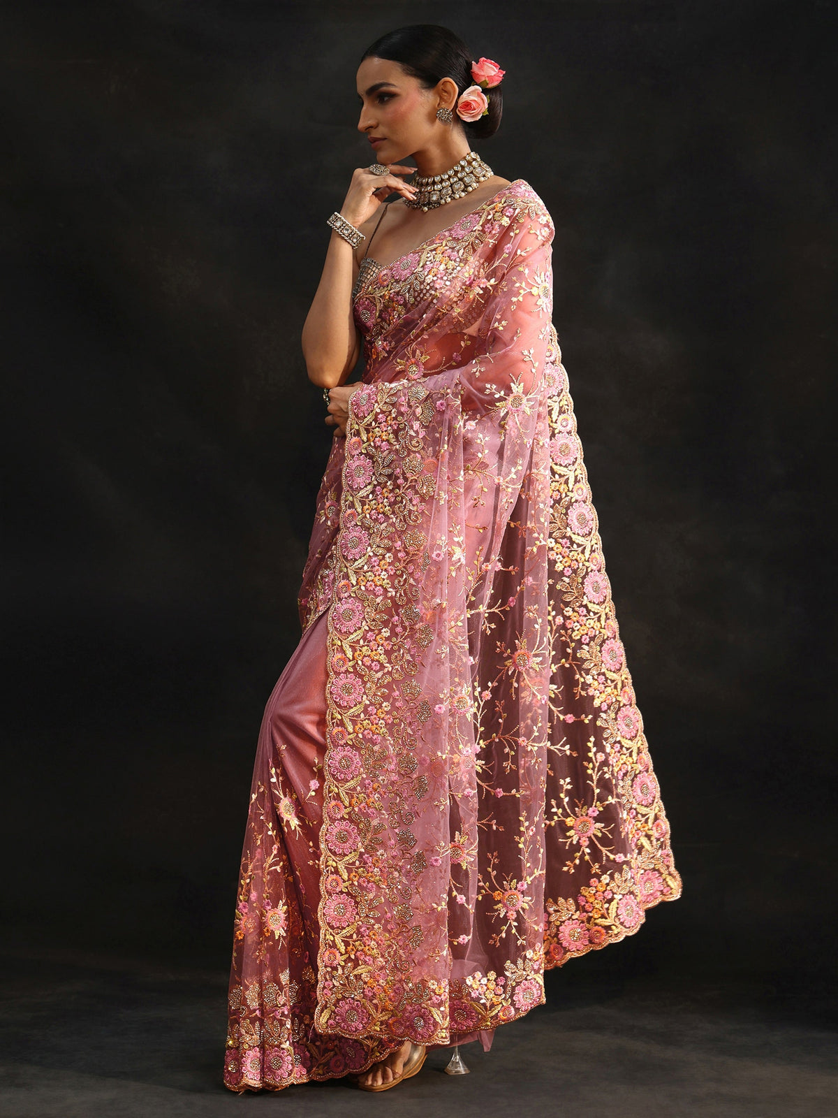 Anouk Art Mauve Floral Embellished Net Saree