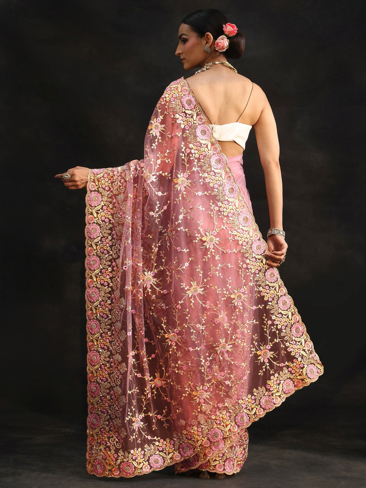 Anouk Art Mauve Floral Embellished Net Saree