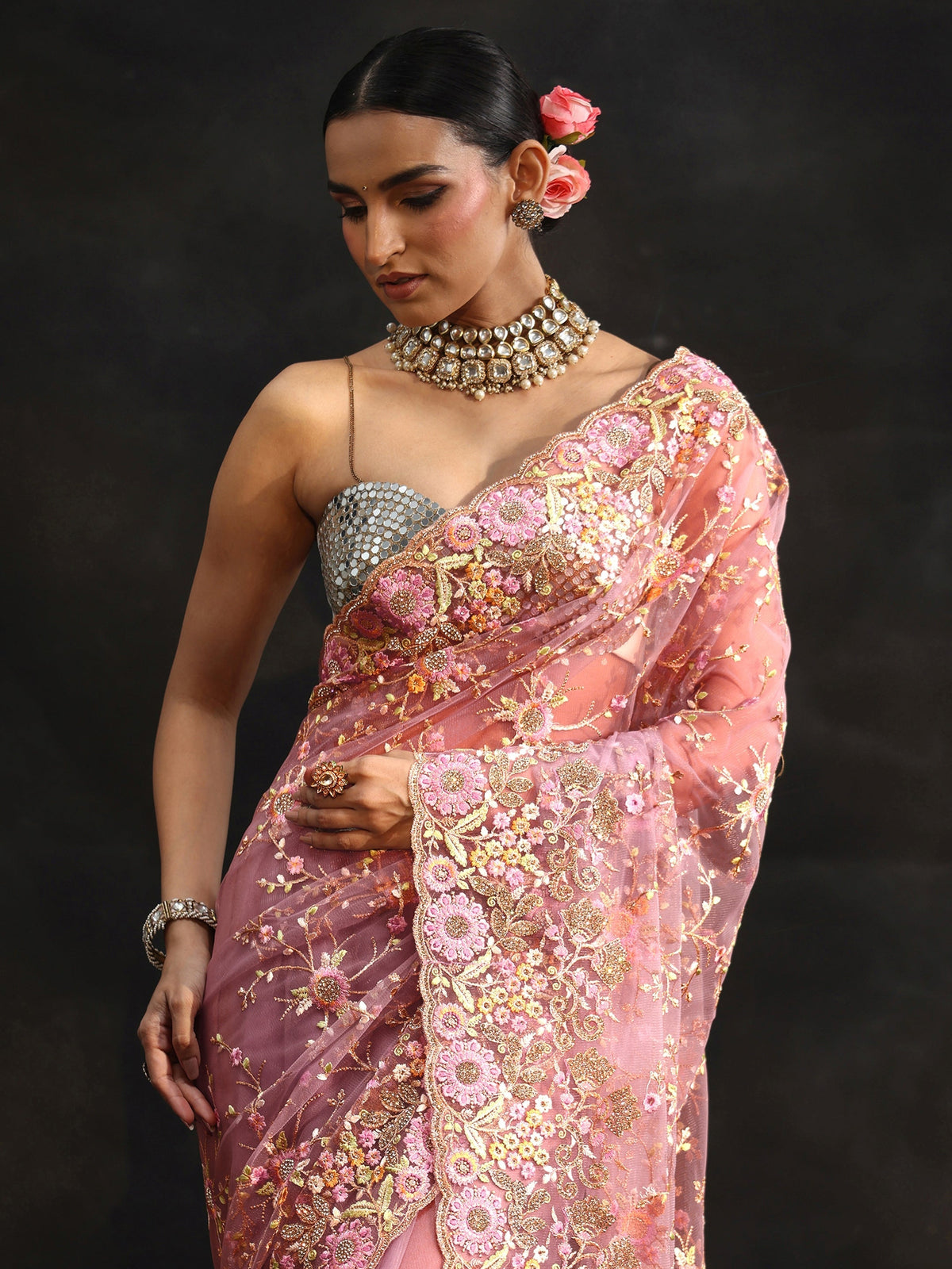 Anouk Art Mauve Floral Embellished Net Saree