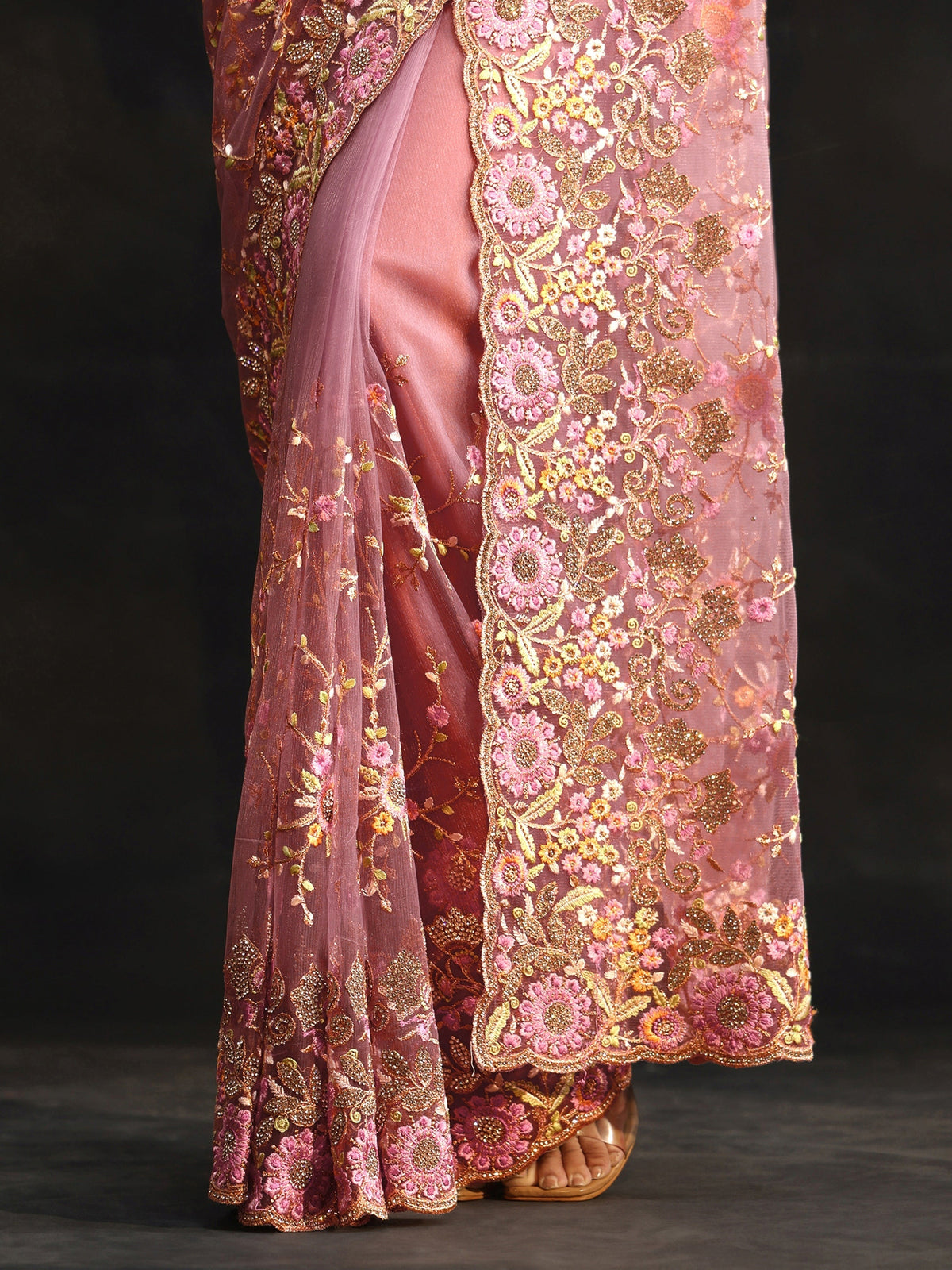 Anouk Art Mauve Floral Embellished Net Saree