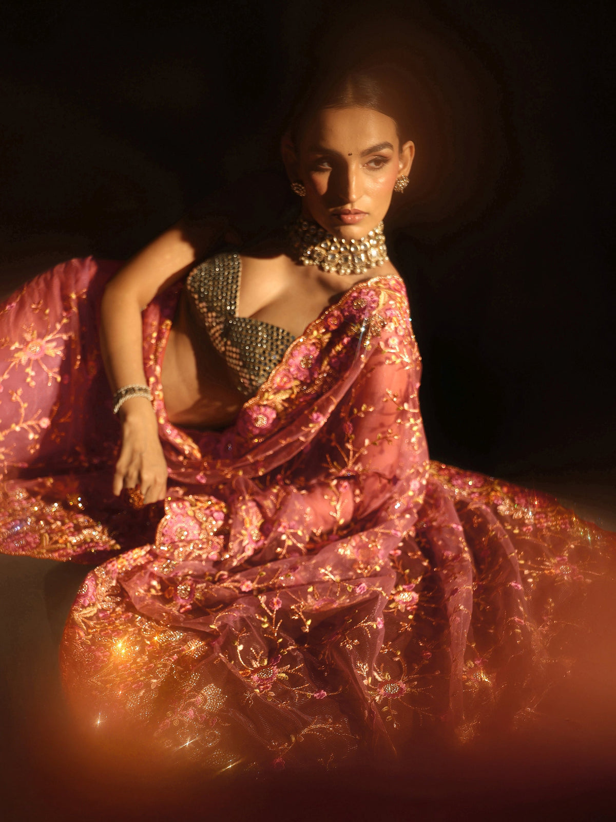 Anouk Art Mauve Floral Embellished Net Saree