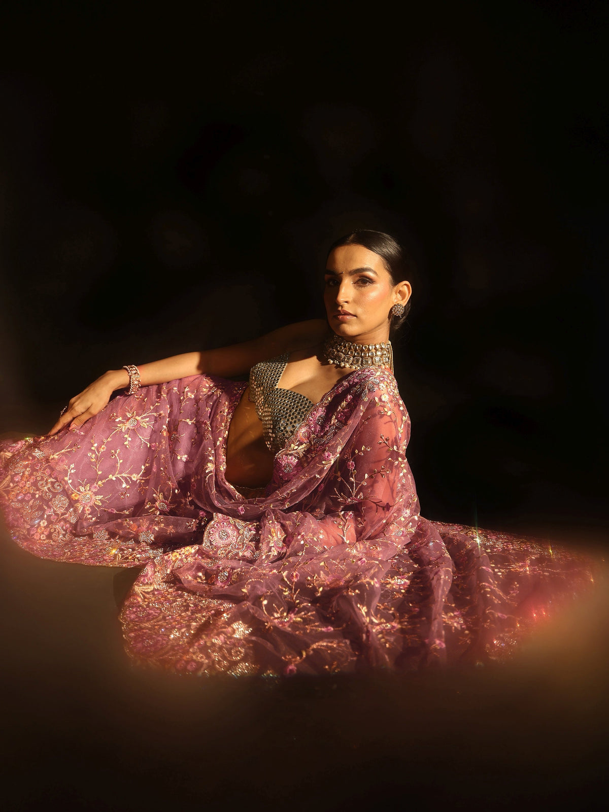 Anouk Art Mauve Floral Embellished Net Saree