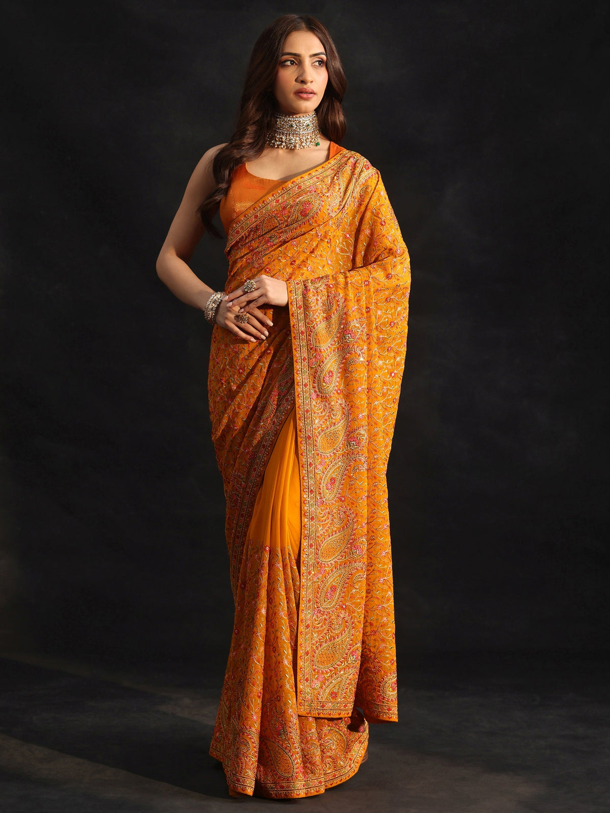 Anouk Art Mustard Paisley Embroidered Georgette Saree