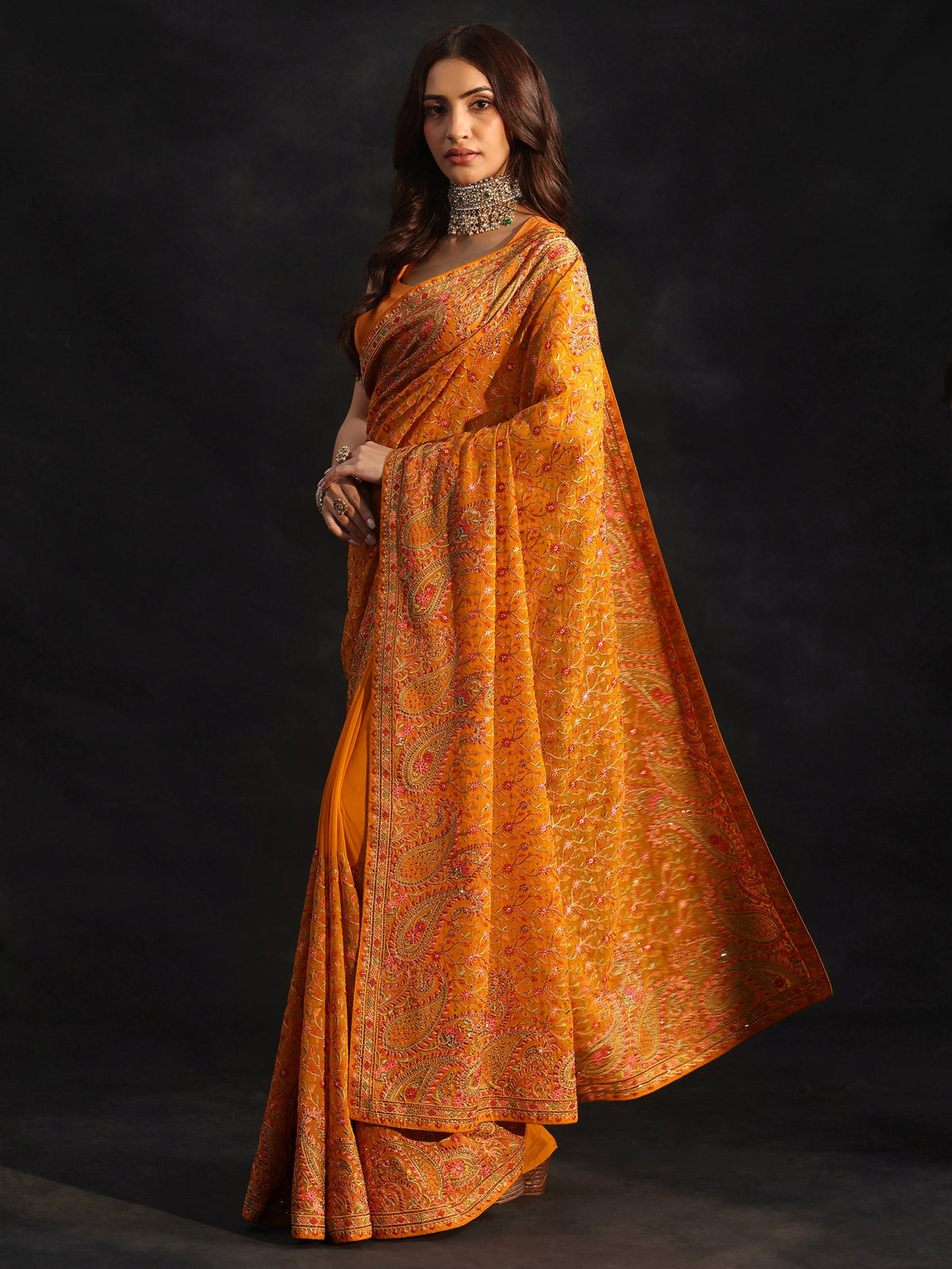 Anouk Art Mustard Paisley Embroidered Georgette Saree