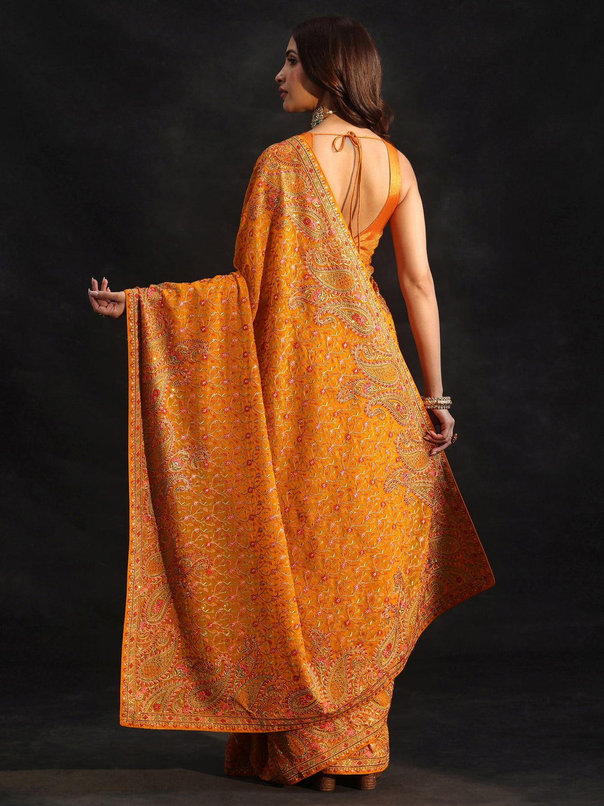 Anouk Art Mustard Paisley Embroidered Georgette Saree