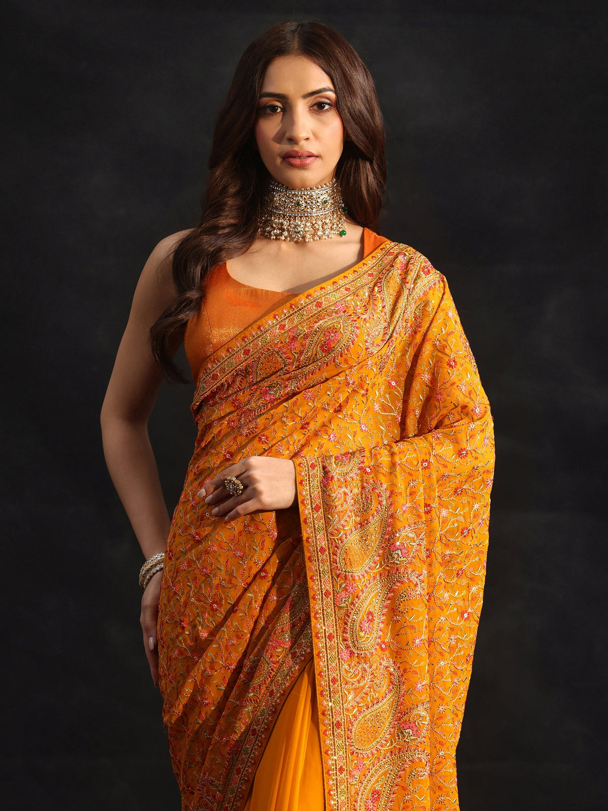 Anouk Art Mustard Paisley Embroidered Georgette Saree