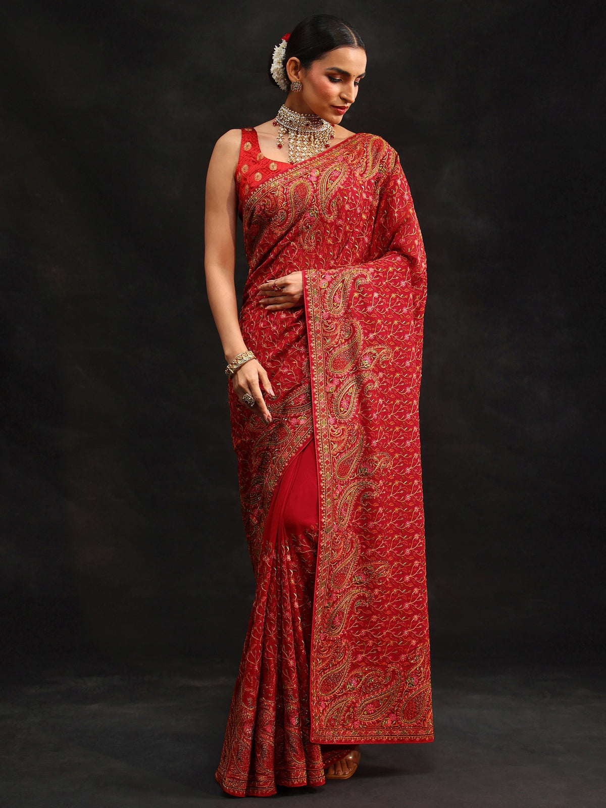 Anouk Art Crimson Red Paisley Embroidered Georgette Saree