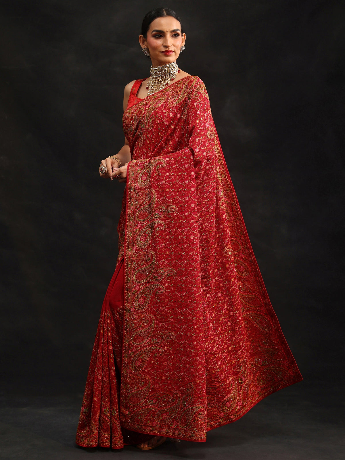 Anouk Art Crimson Red Paisley Embroidered Georgette Saree