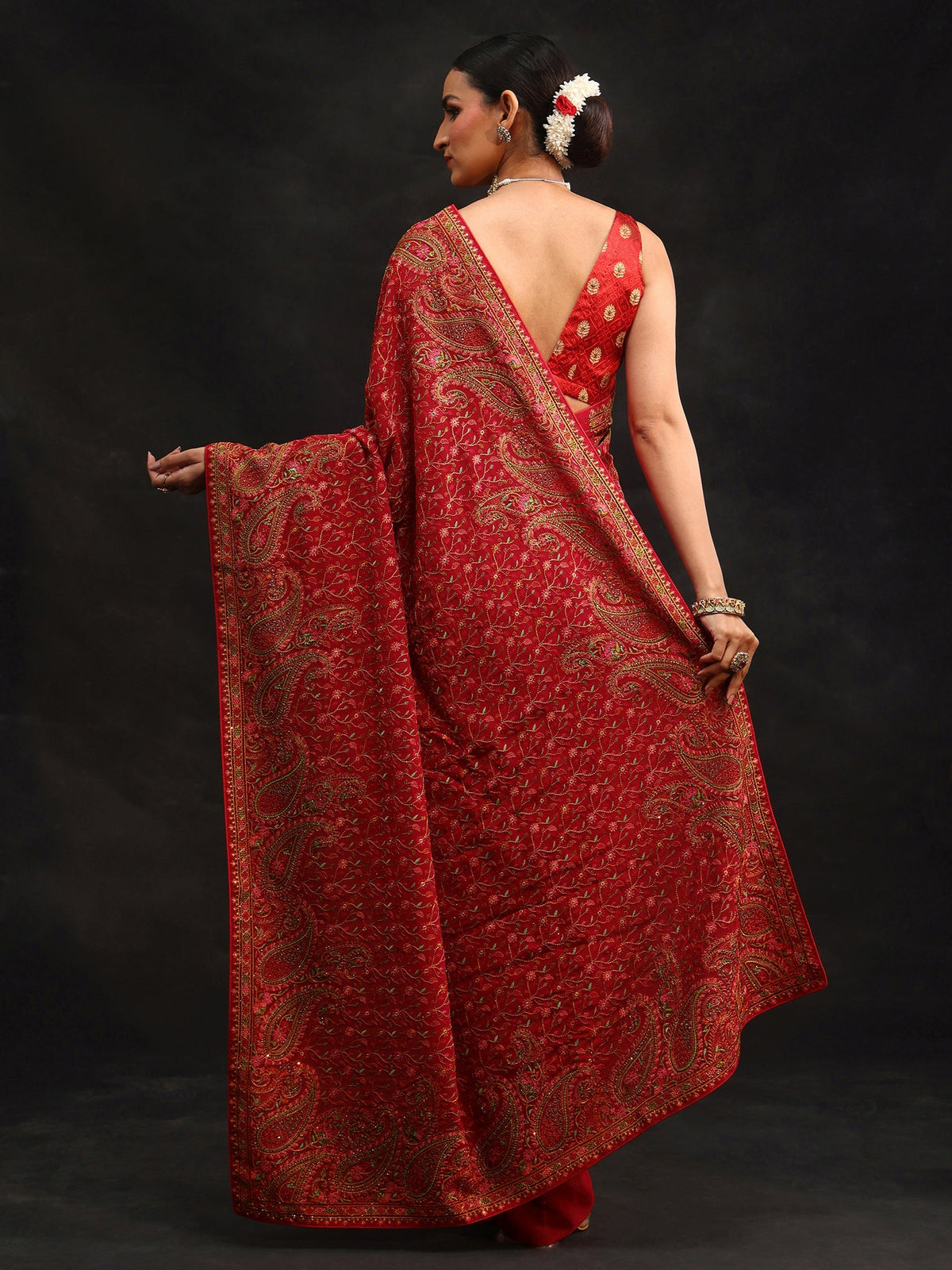 Anouk Art Crimson Red Paisley Embroidered Georgette Saree