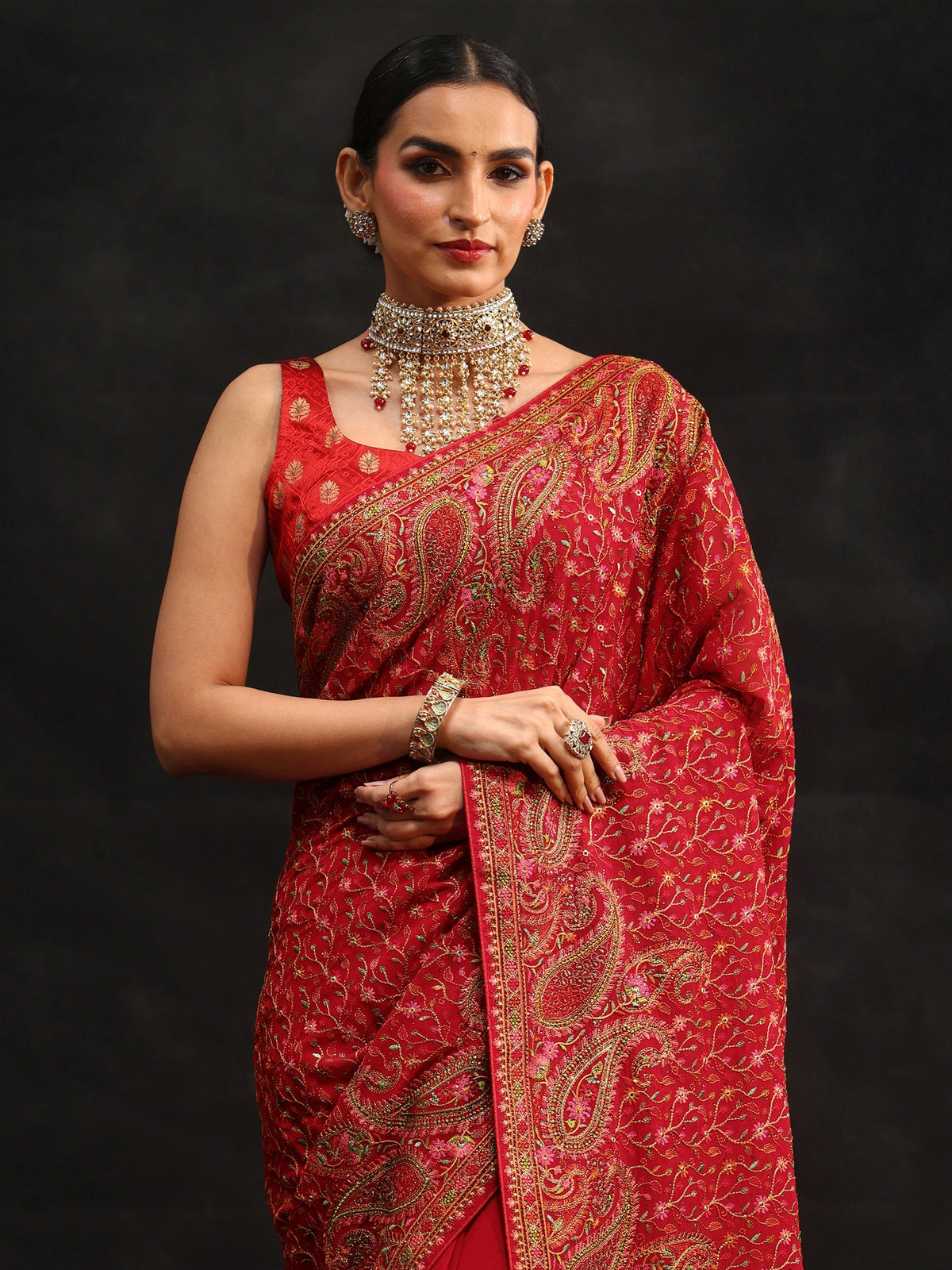 Anouk Art Crimson Red Paisley Embroidered Georgette Saree