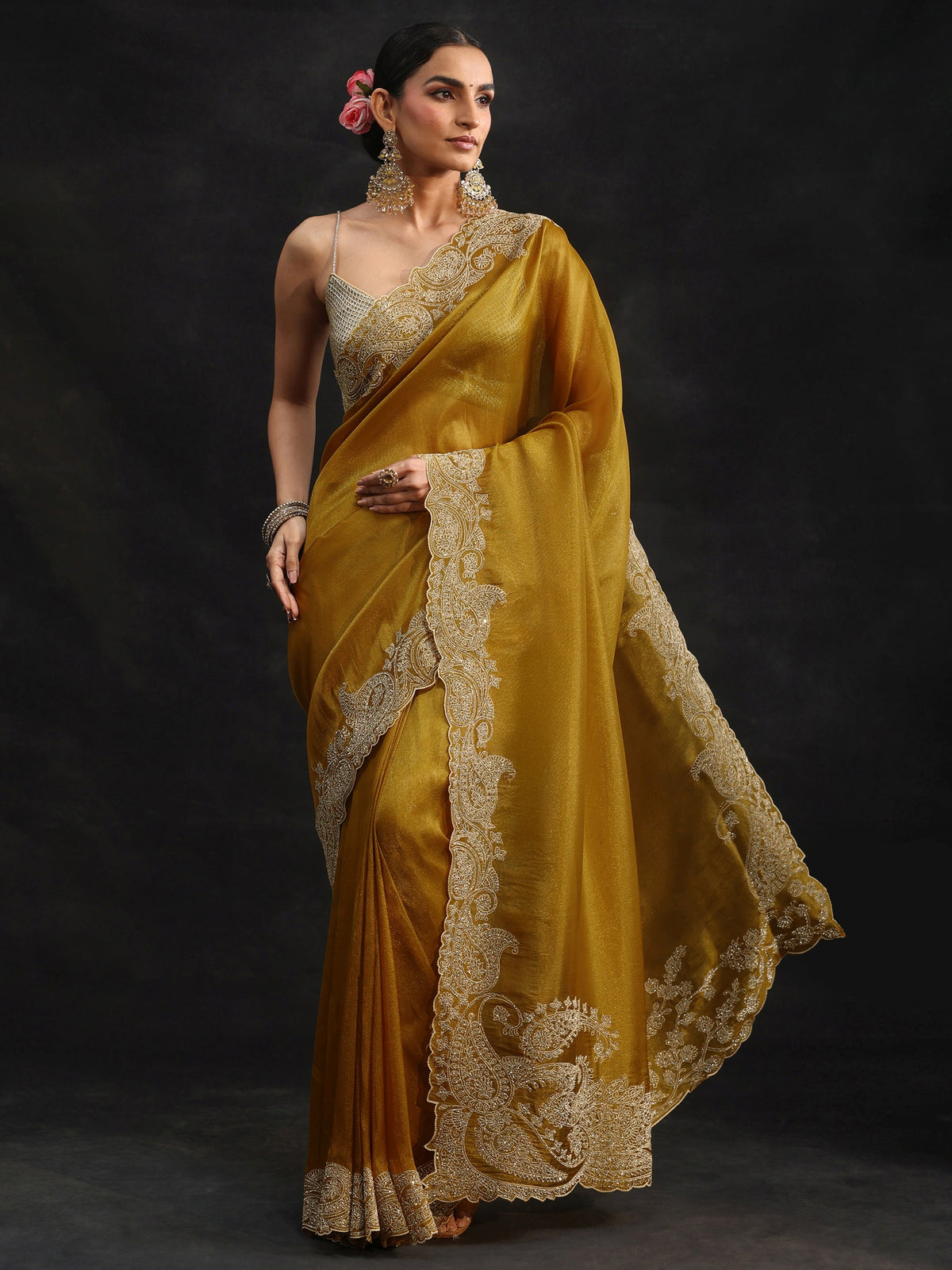 Anouk Art Mustard Net Saree with Paisley Border