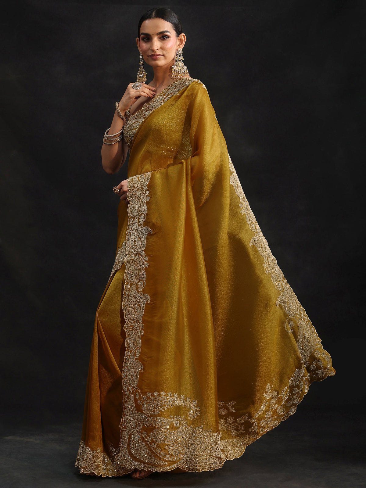 Anouk Art Mustard Net Saree with Paisley Border