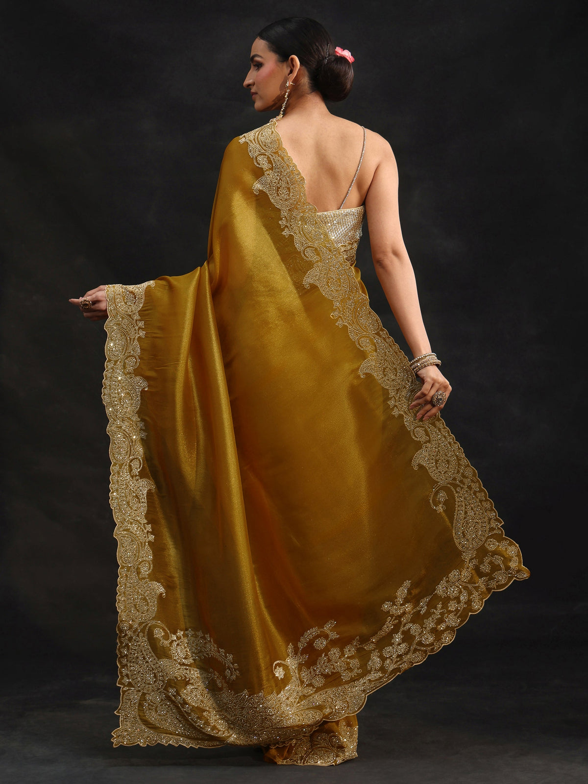 Anouk Art Mustard Net Saree with Paisley Border