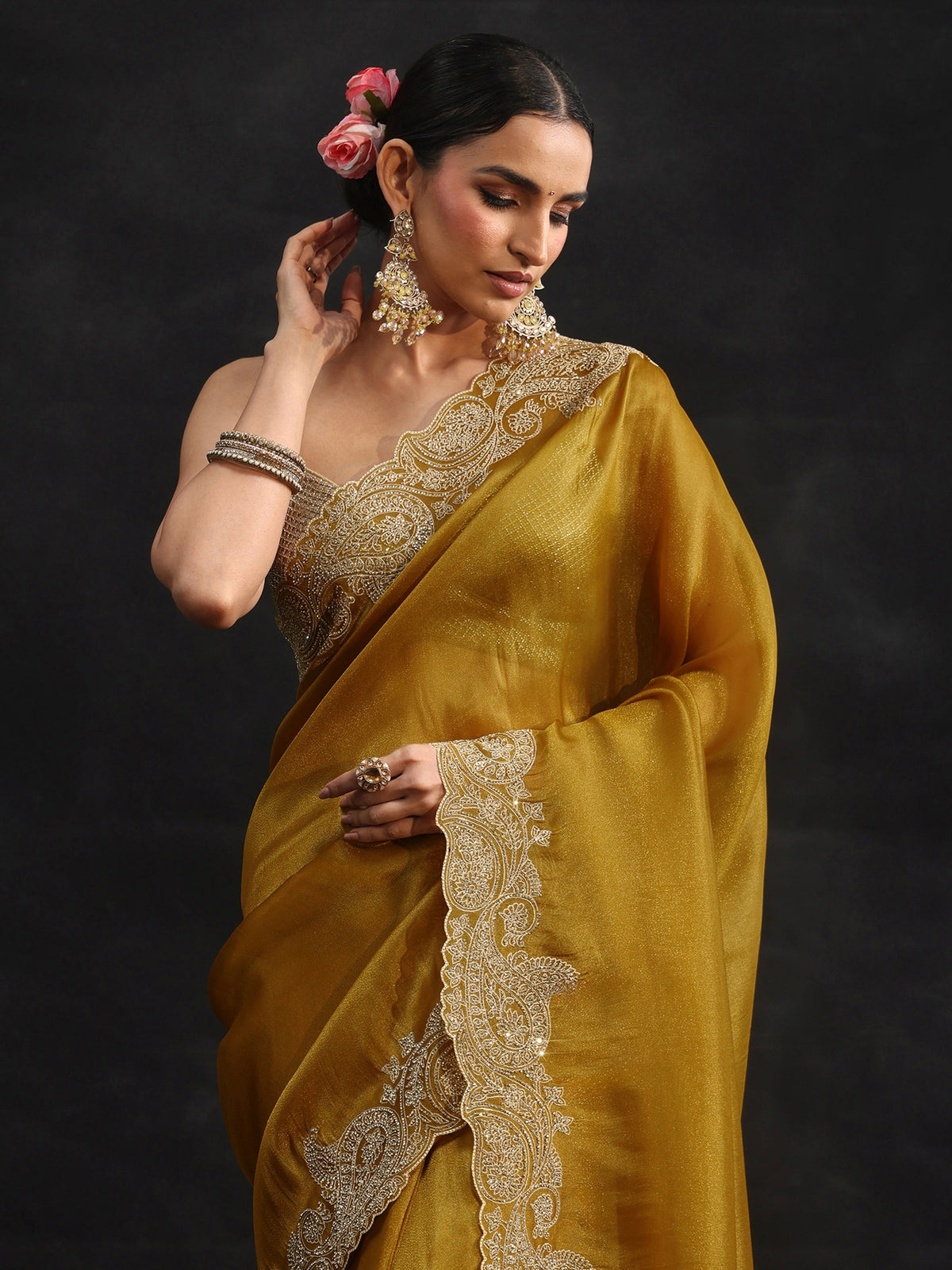 Anouk Art Mustard Net Saree with Paisley Border