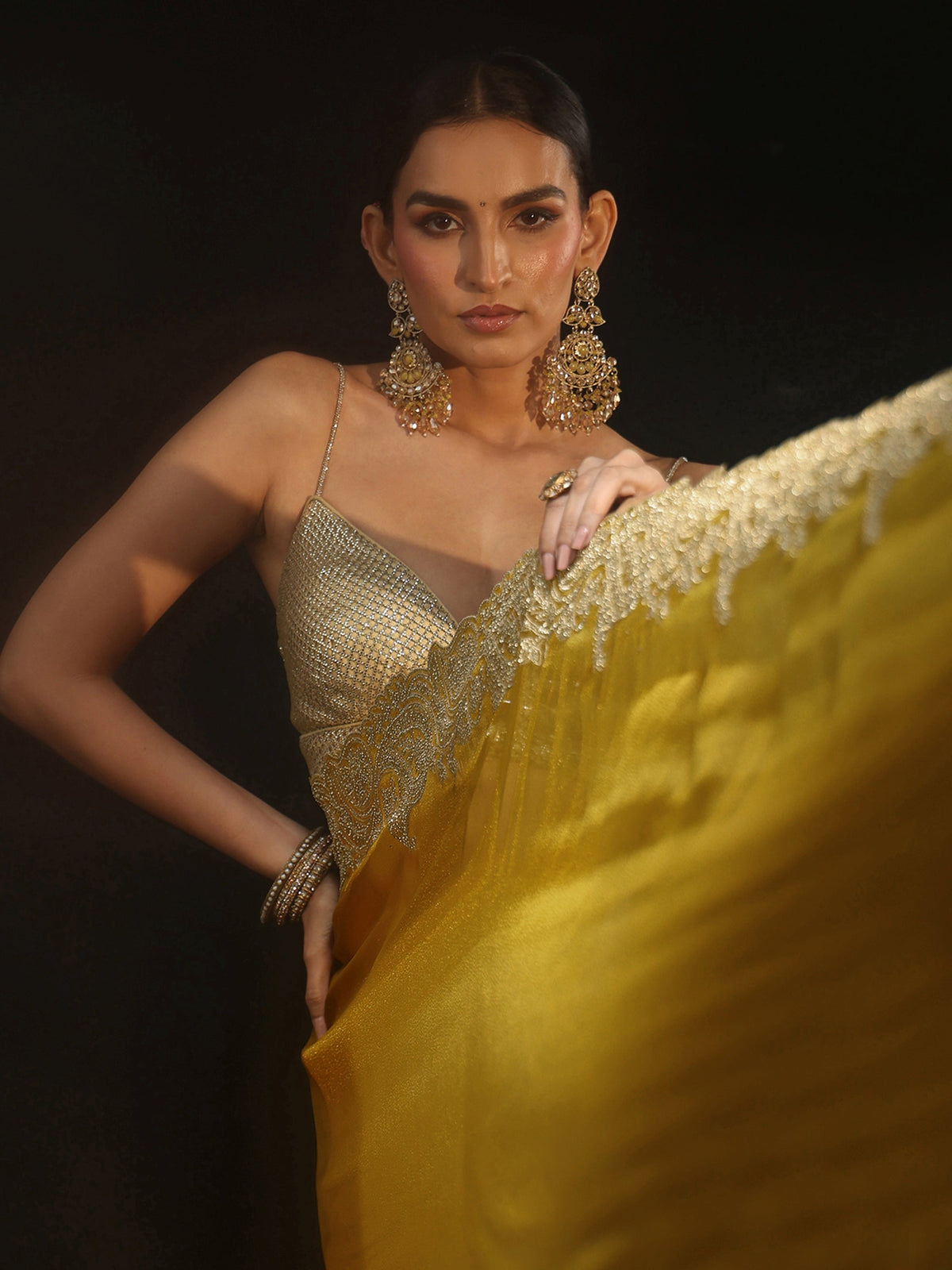Anouk Art Mustard Net Saree with Paisley Border