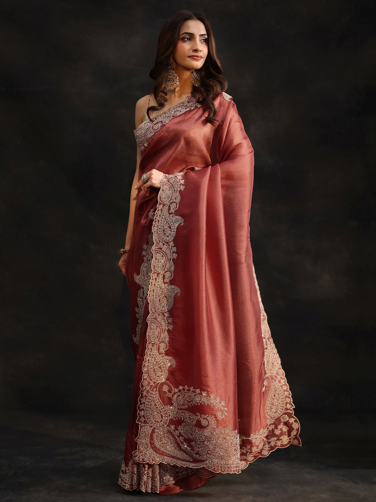 Anouk Art Dusty Rose Pink Net Saree with Paisley Border