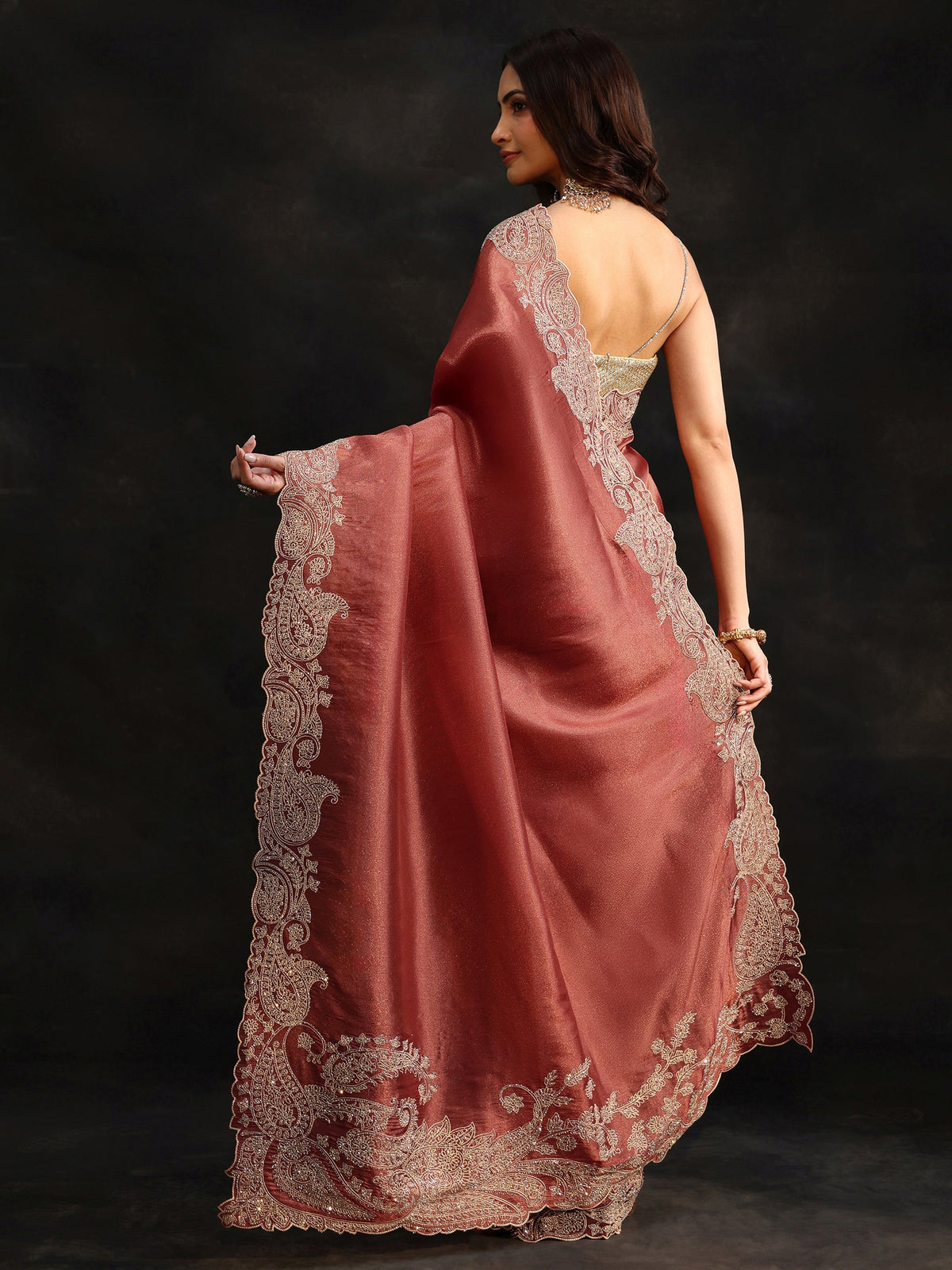 Anouk Art Dusty Rose Pink Net Saree with Paisley Border